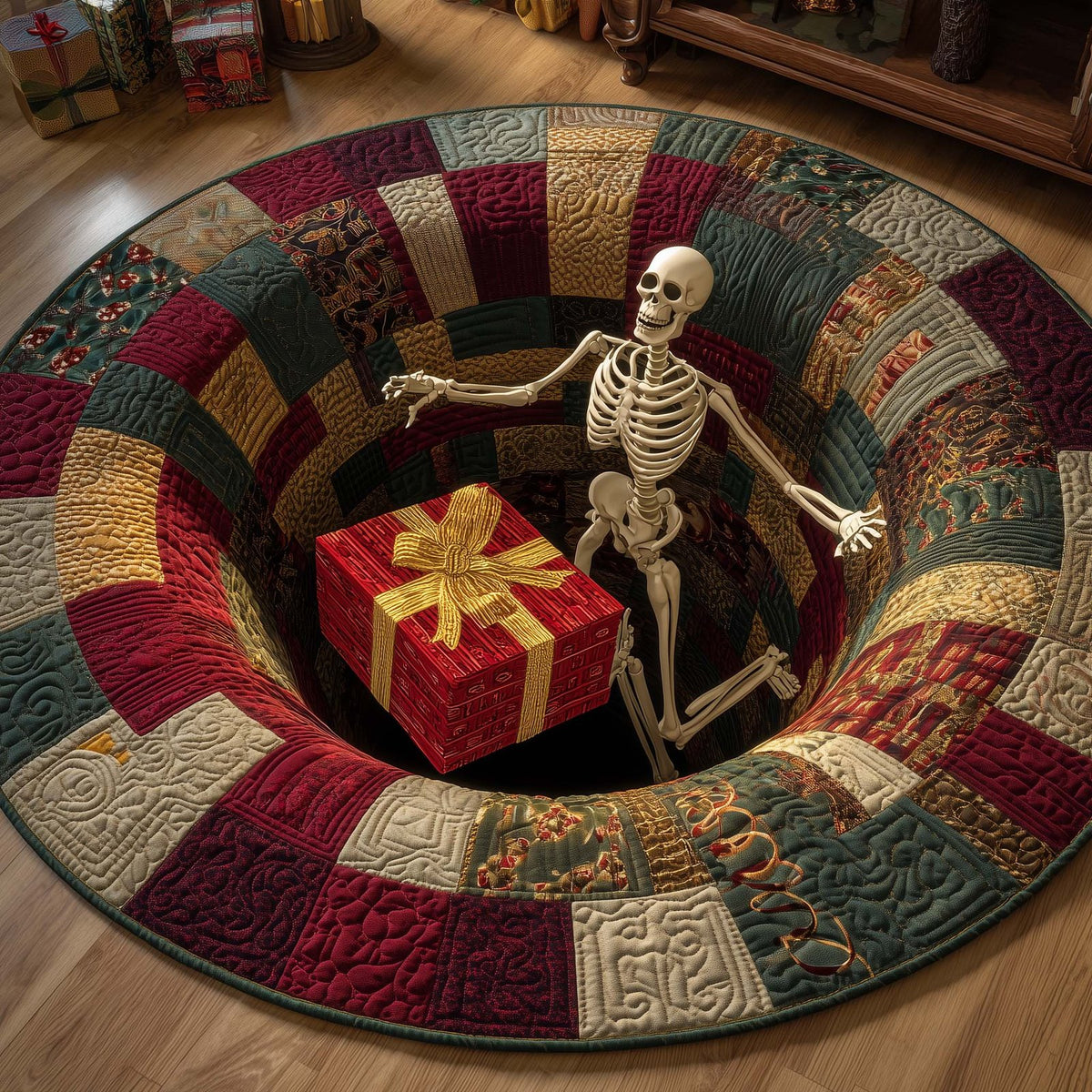 Holiday Skeleton Halloween Quilted Round Mat Skeleton Gift Hole Round Rug Spooky Gifts For Her