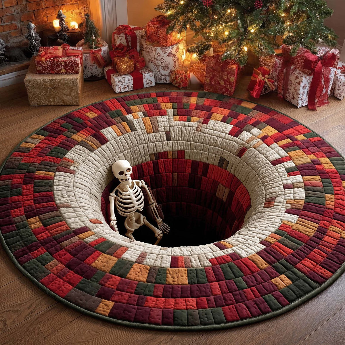 Holiday Skeleton Halloween Quilted Round Mat Skeleton Hole Merch Halloween House Lover