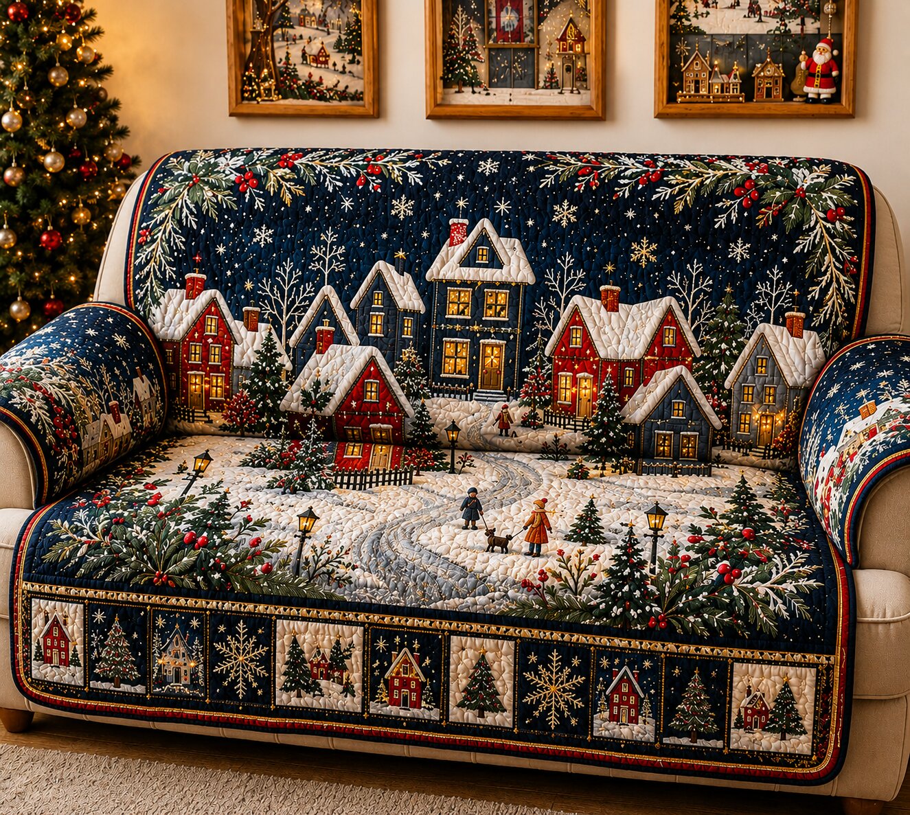 Holiday Village Quilted Sofa Cover Holiday Village Couch Cover Room Decor Gift