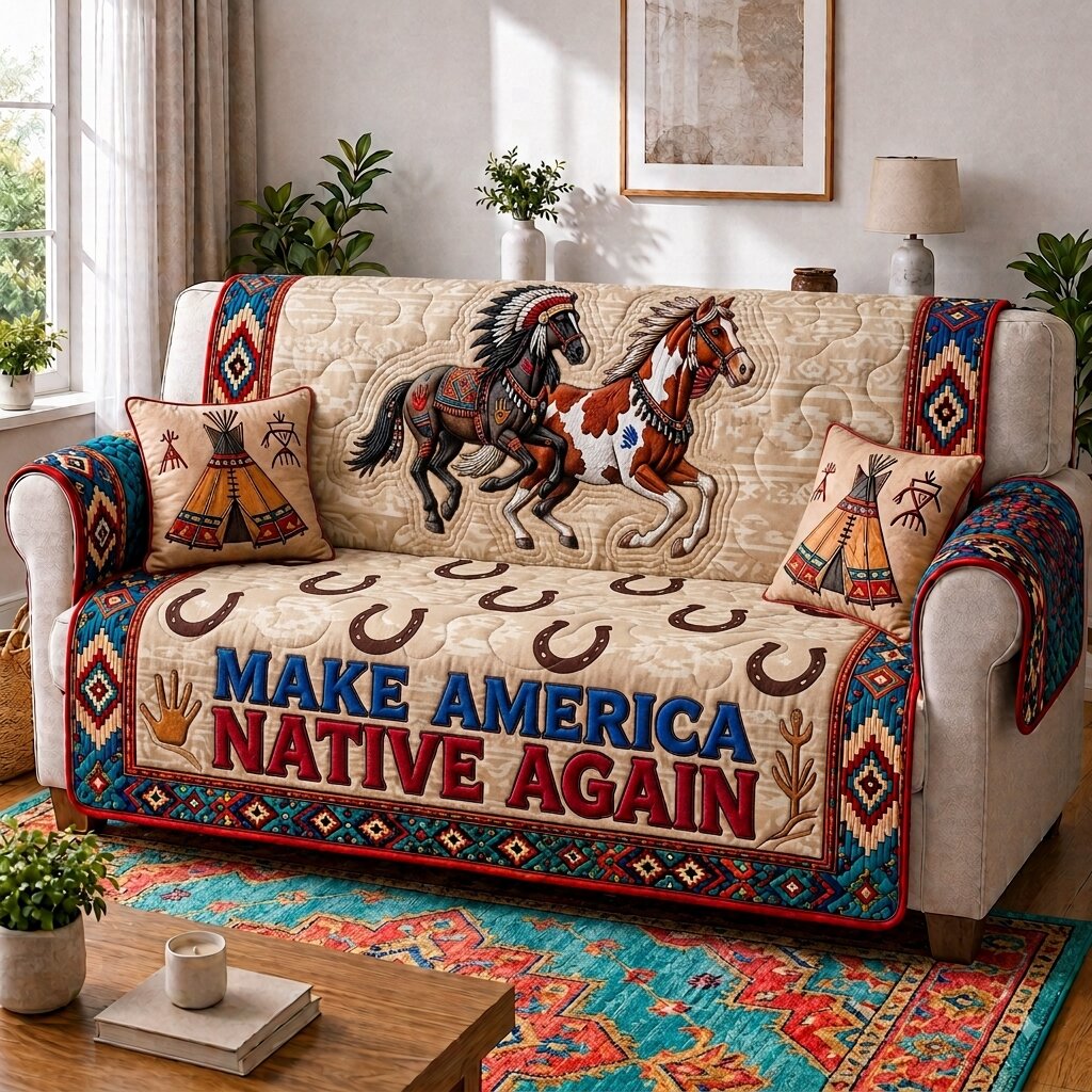 Horse Spirit Quilted Sofa Cover Western Horse Couch Cover Gift For House Lover