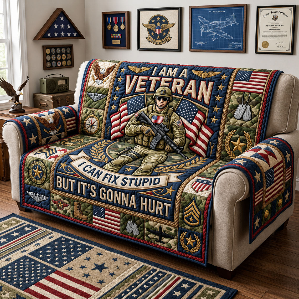 I Am A Veteran Quilted Sofa Cover Veteran Tribute Couch Cover Gifts For Living Rooms
