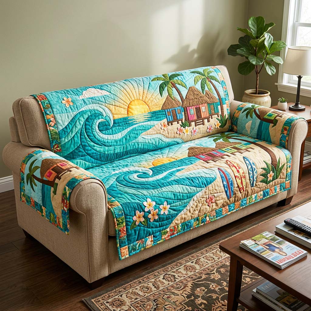 Island Sunset Quilted Sofa Cover Island Life Couch Cover Trendy Gift