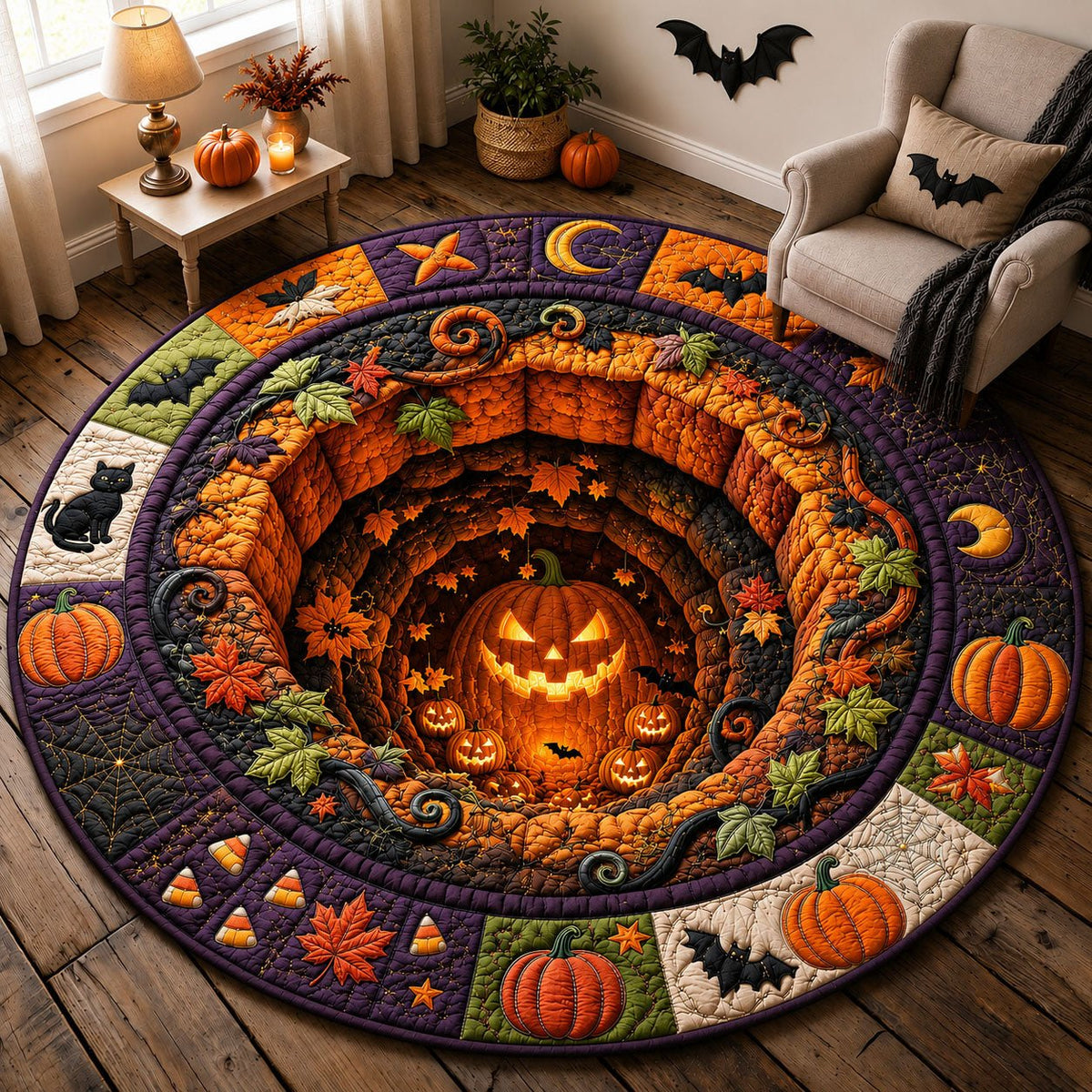Jack O Lantern Pumpkin Pit Halloween Quilted Round Mat Halloween Pumpkin Tunnel Round Rug