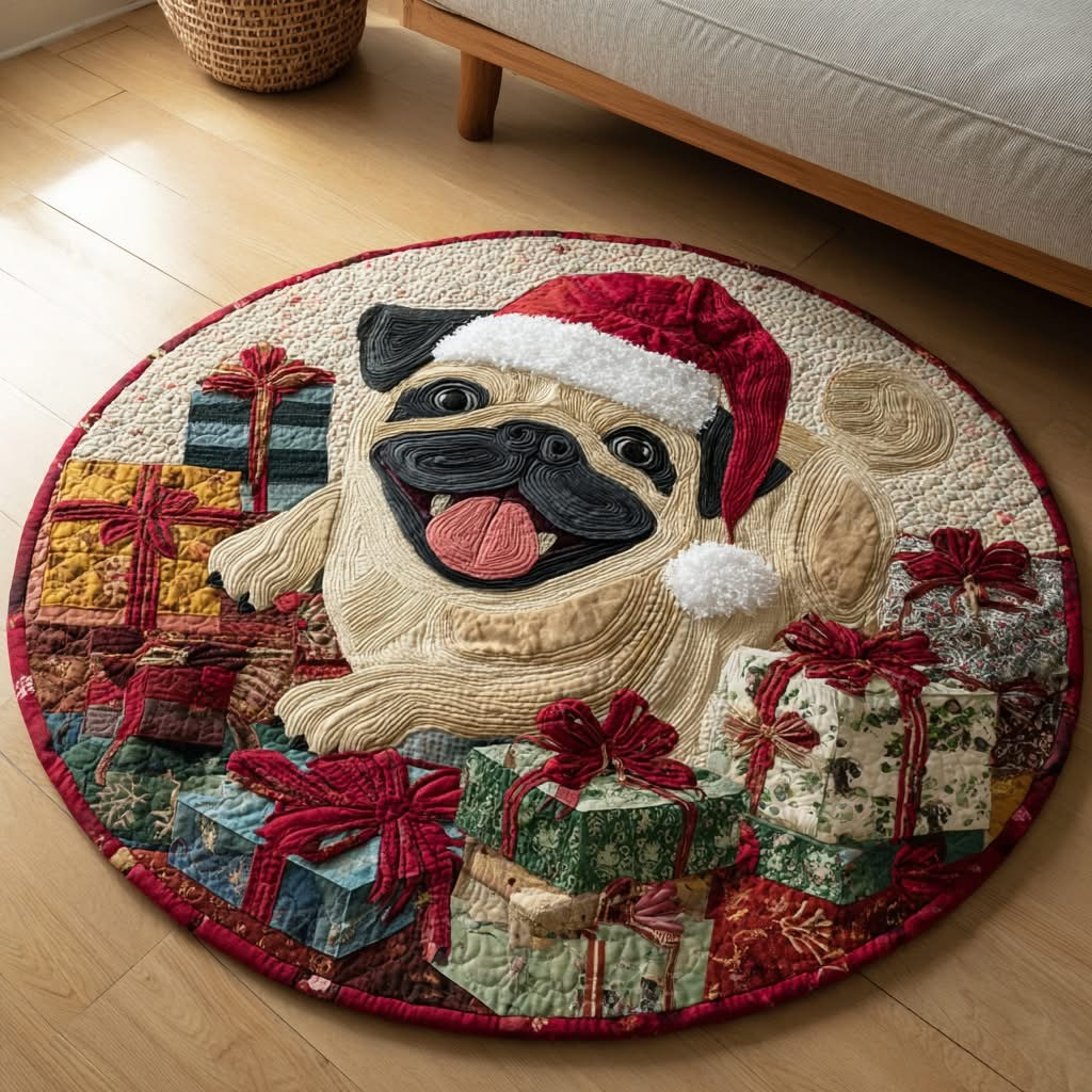 Jolly Pug Presents Christmas Quilted Round Mat Cute Circle Rug Holiday Decorations Gifts