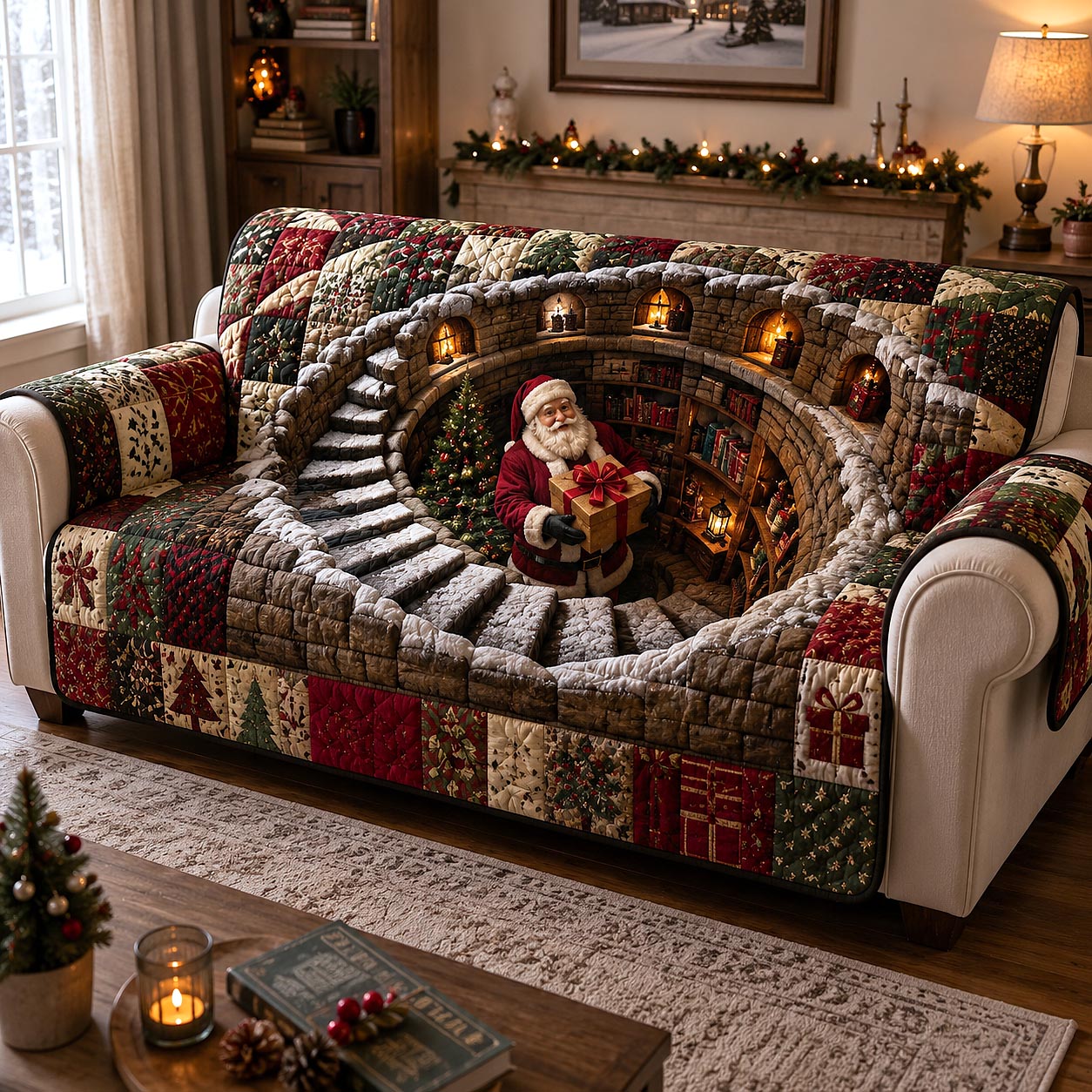 Jolly Santa Quilted Sofa Cover Christmas Santa Couch Cover Present For House Lovers