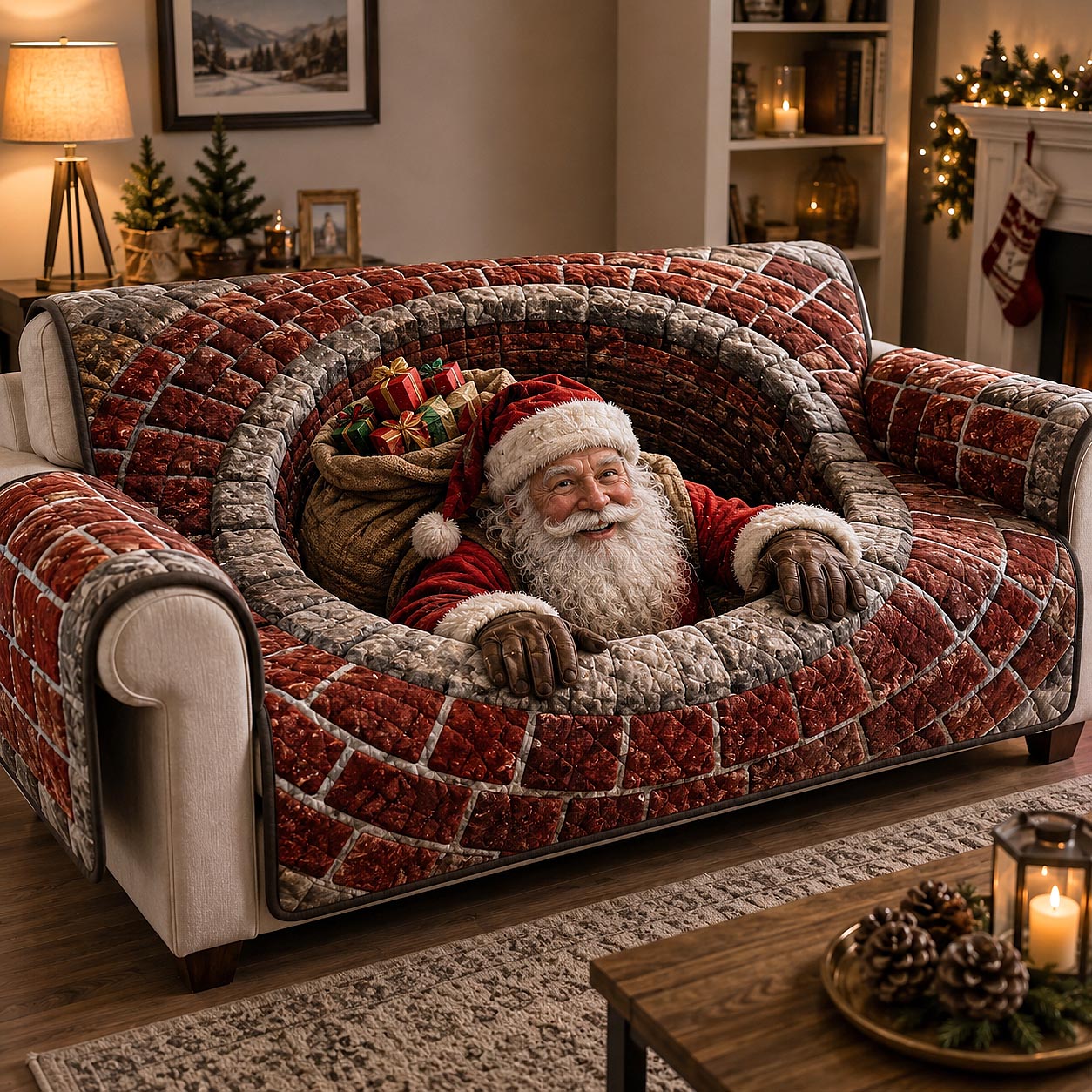 Jolly Santa Quilted Sofa Cover Santa Holiday Couch Cover Gift For Home Decorators