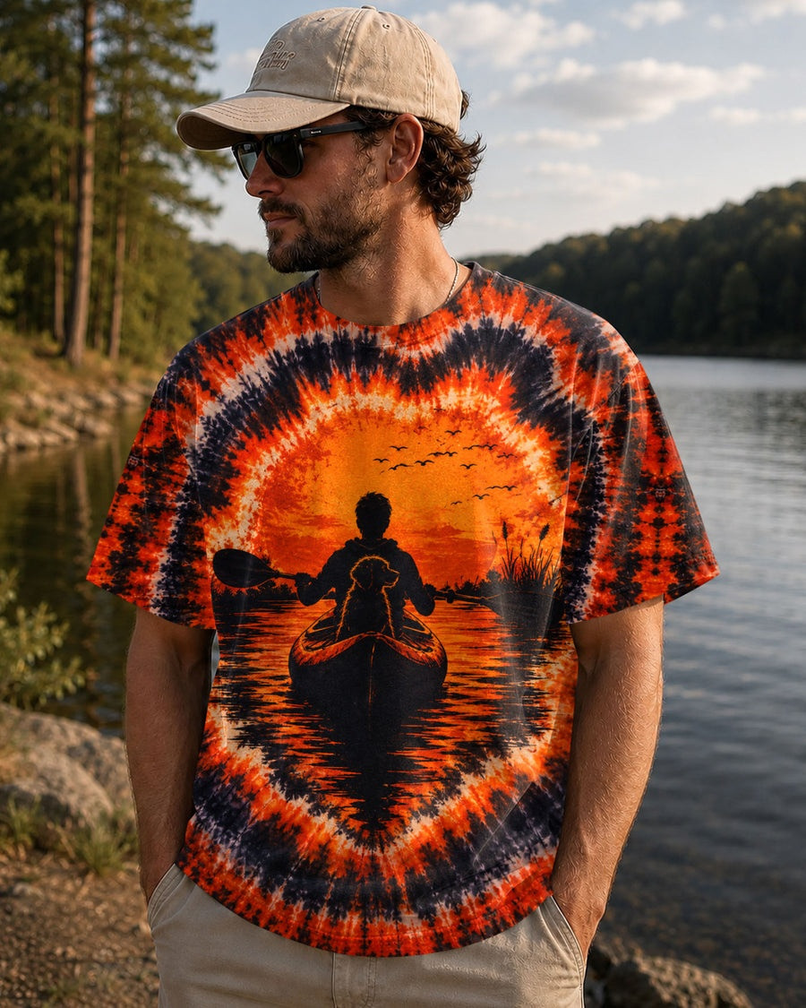 Kayak Into The Sunset With Dog Swirl Tie Dye T-Shirt Funny Golden Retriever Kayak Clothes Best Gift