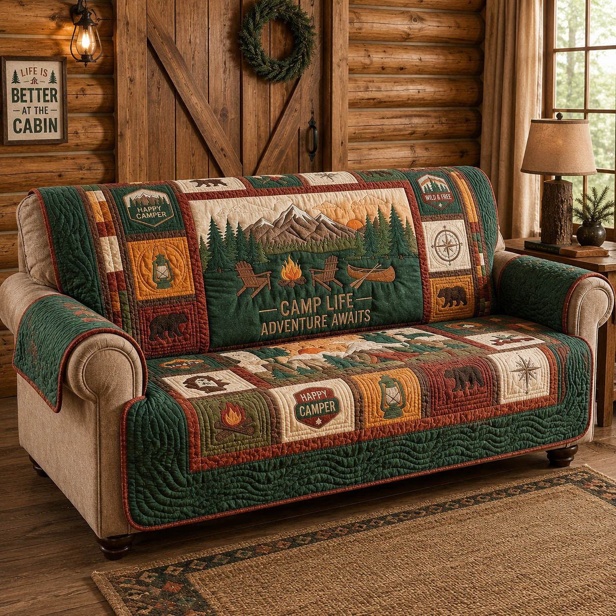 Lakeside Cabin Campfire Quilted Sofa Cover Campfire Comfort Couch Cover Gift For Living Room