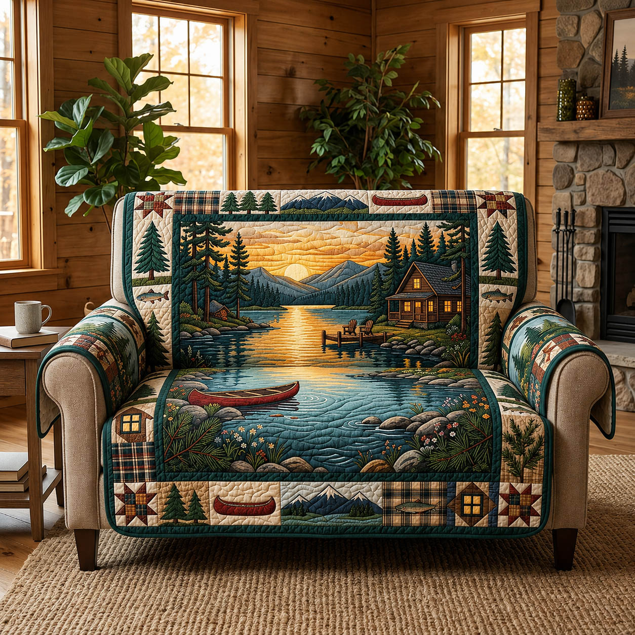 Lakeside Cabin Campfire Quilted Sofa Cover Cozy Campfire Couch Cover Home Gift For Her