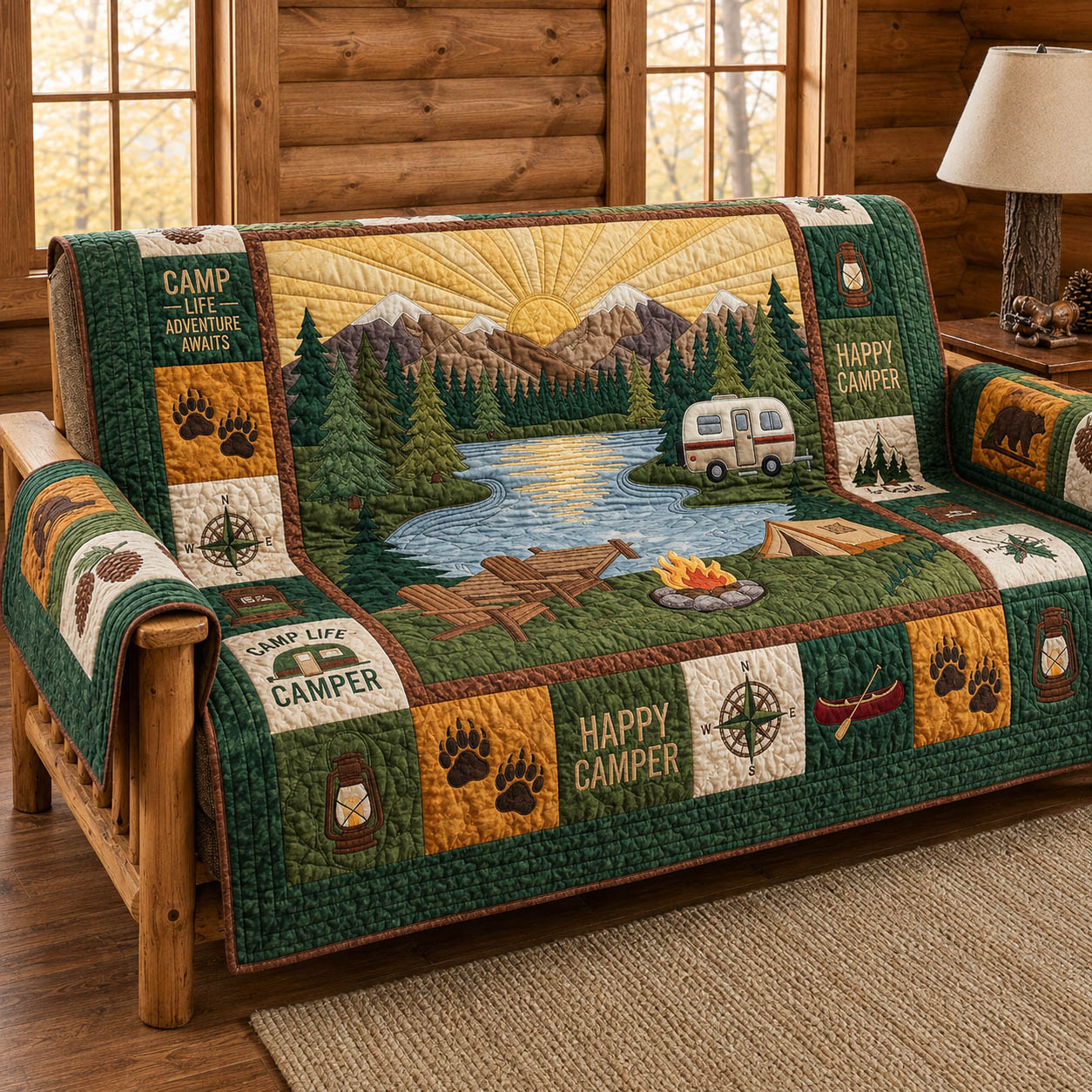 Lakeside Cabin Campfire Quilted Sofa Cover Rustic Campfire Couch Cover Home Gift For Him