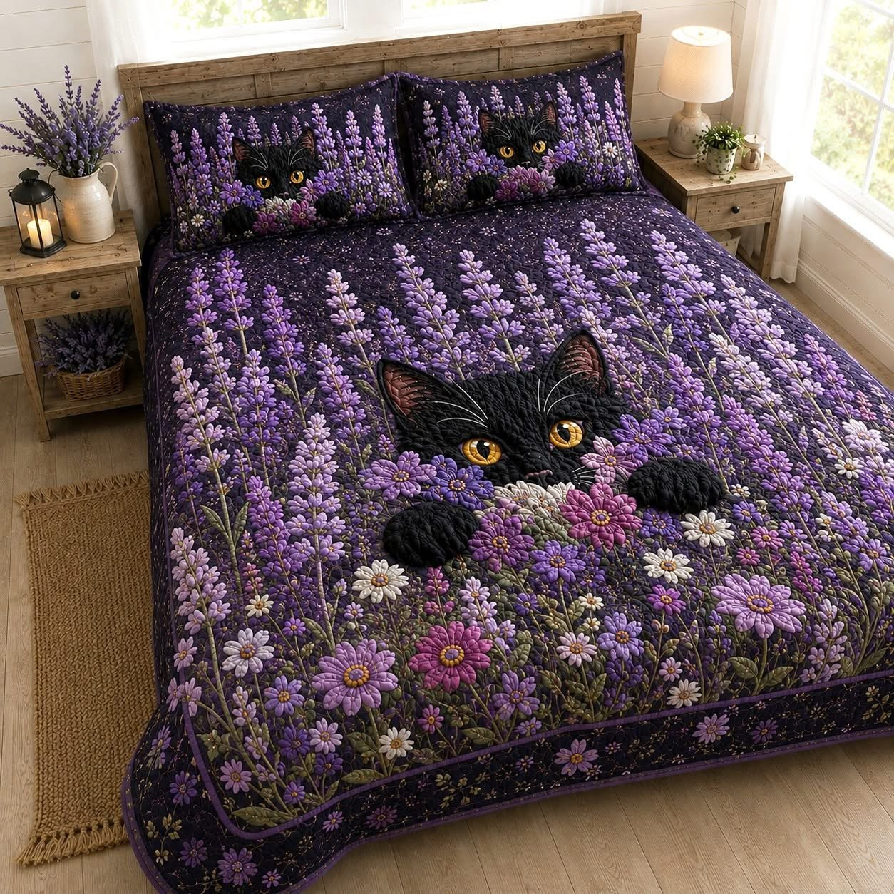 Lavender Shadow Black Cat Quilt Bedding Set Purple Floral Botanical Garden Bedroom Decor Birthday Gift