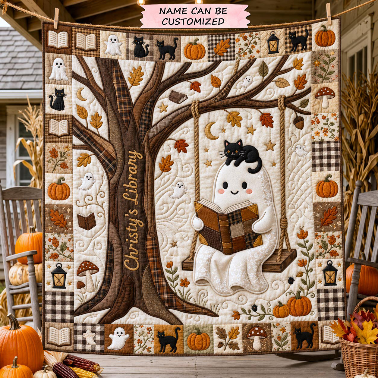 Library Escape Quilted Blanket Ghost Reading Cat Merch Cozy Housewarming Gift Ideas