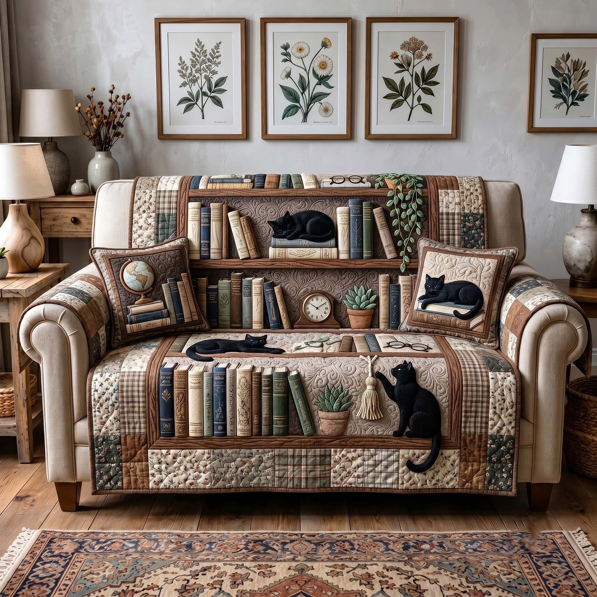 Library Whiskers Quilted Sofa Cover Cozy Library Couch Cover Home Decor Ideas