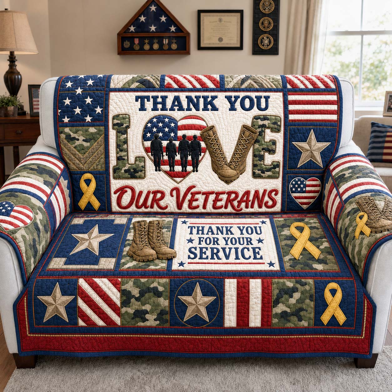 Love and Gratitude Quilted Sofa Cover Rustic Charm Couch Cover Gift For New Home