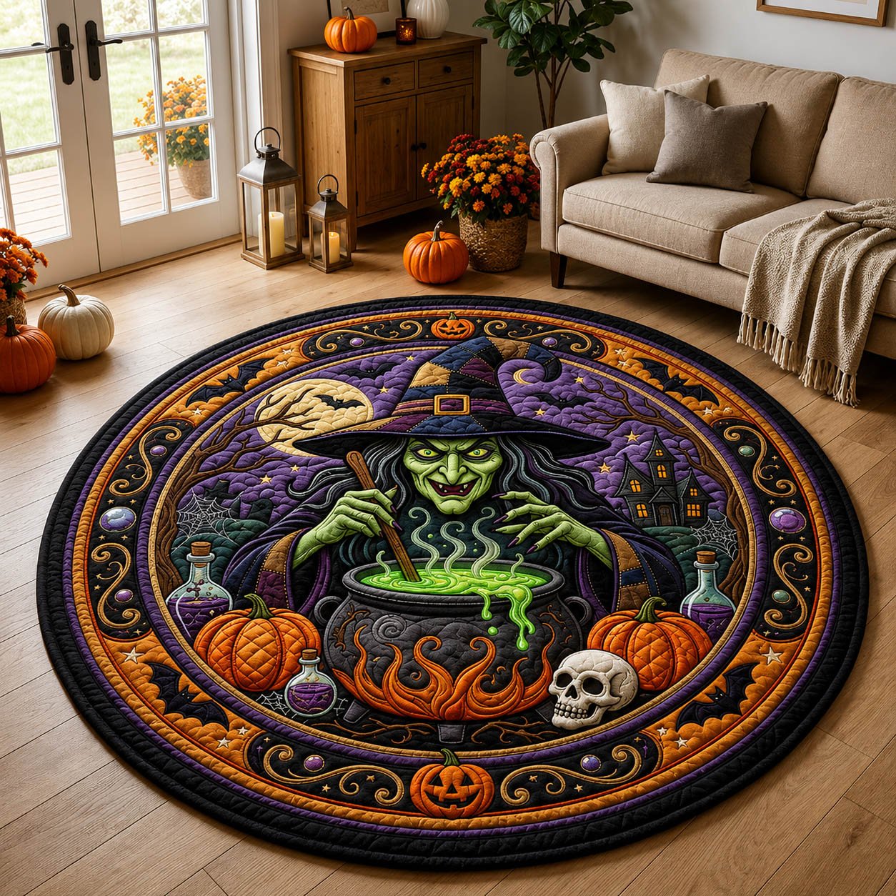 Magic Witch Halloween Quilted Round Mat Witch Cauldron Halloween Round Rug Home Lover Gift