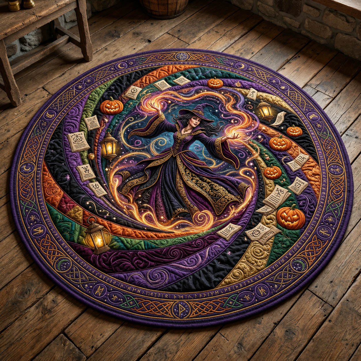 Magical Witch Halloween Quilted Round Mat Witch And Pumpkins Round Rug Halloween Home Gifts Her