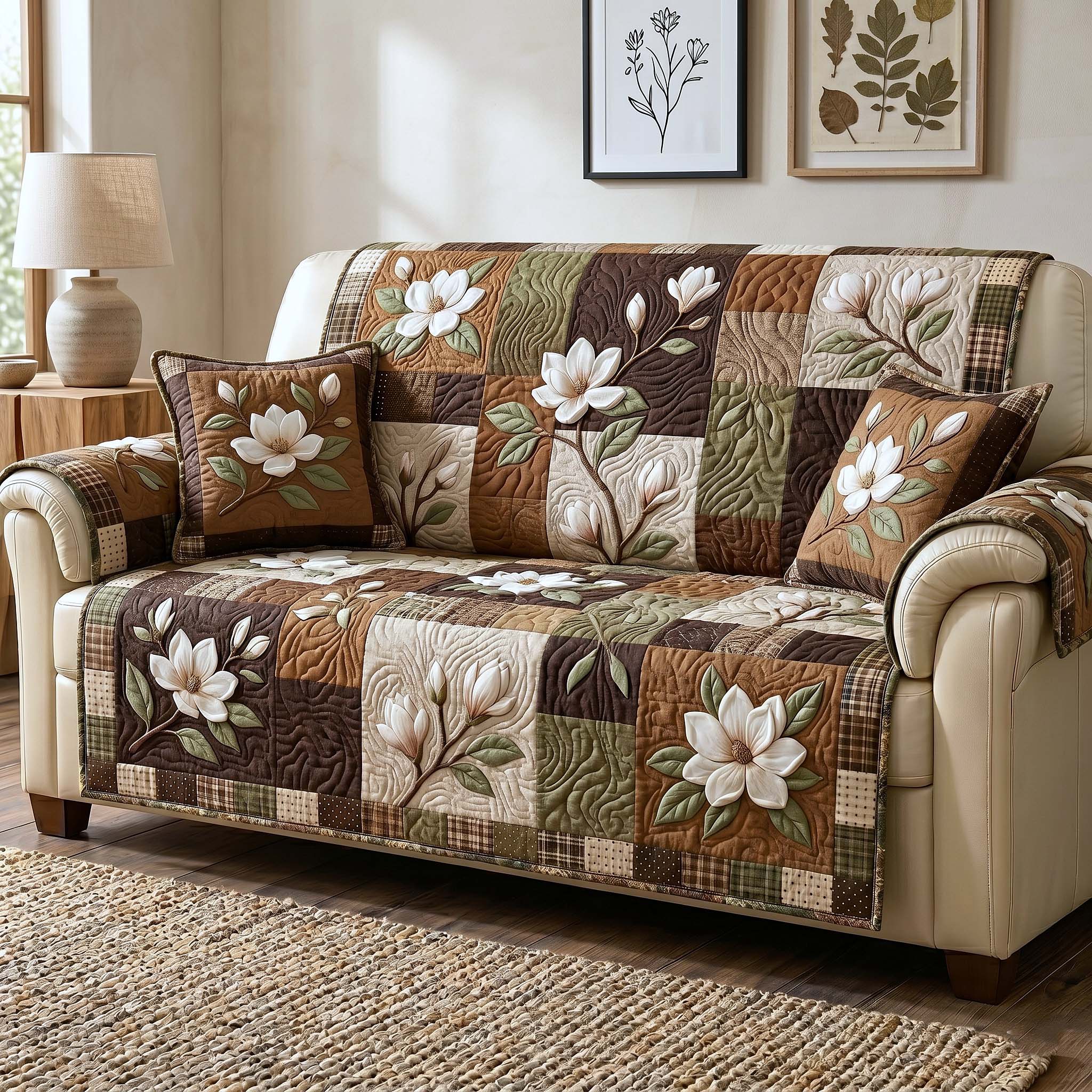 Magnolia Grace Quilted Sofa Cover Magnolia Bloom Couch Cover Decor Gift