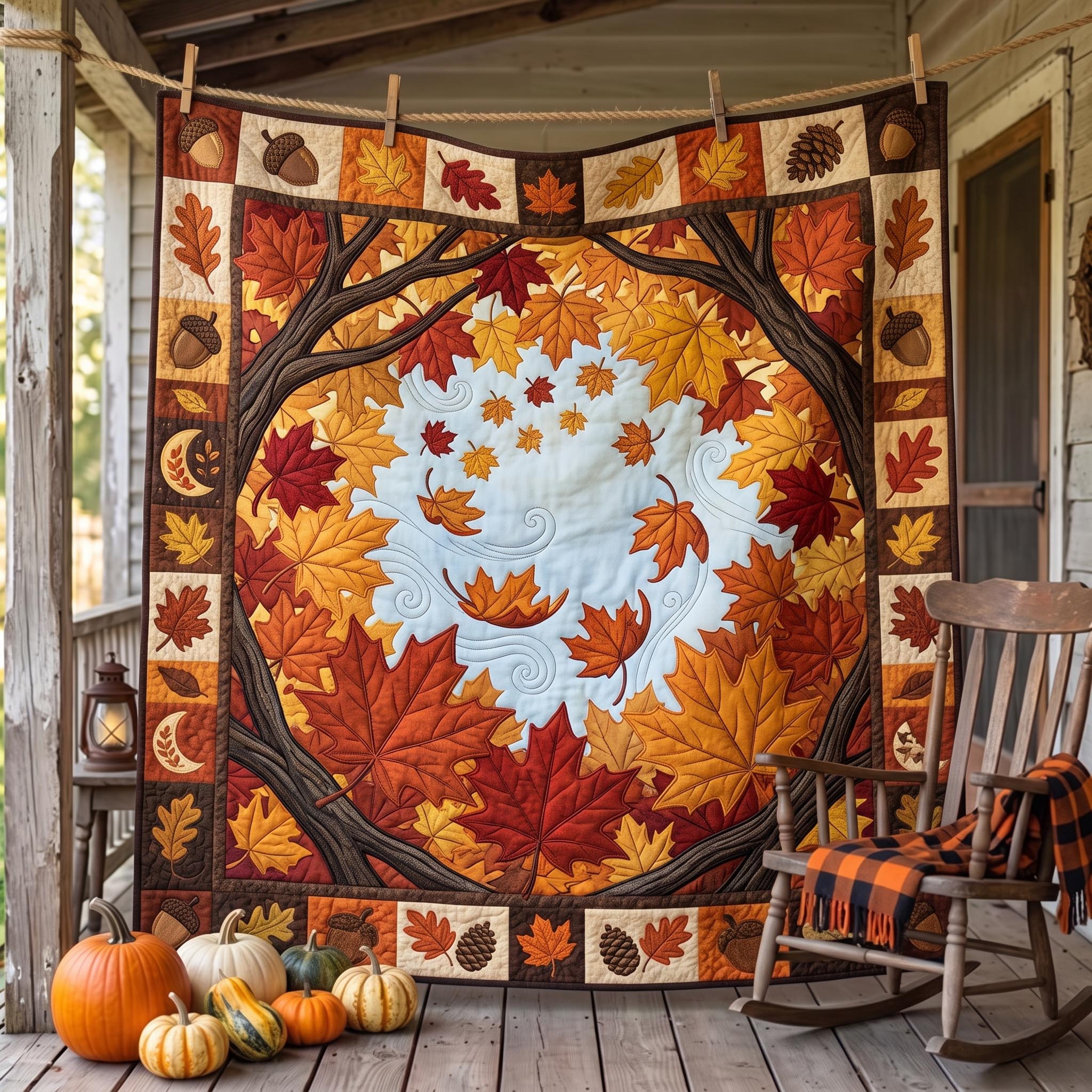Maple Circle Quilted Blanket Autumn Leaves Merch New Home Gift Ideas