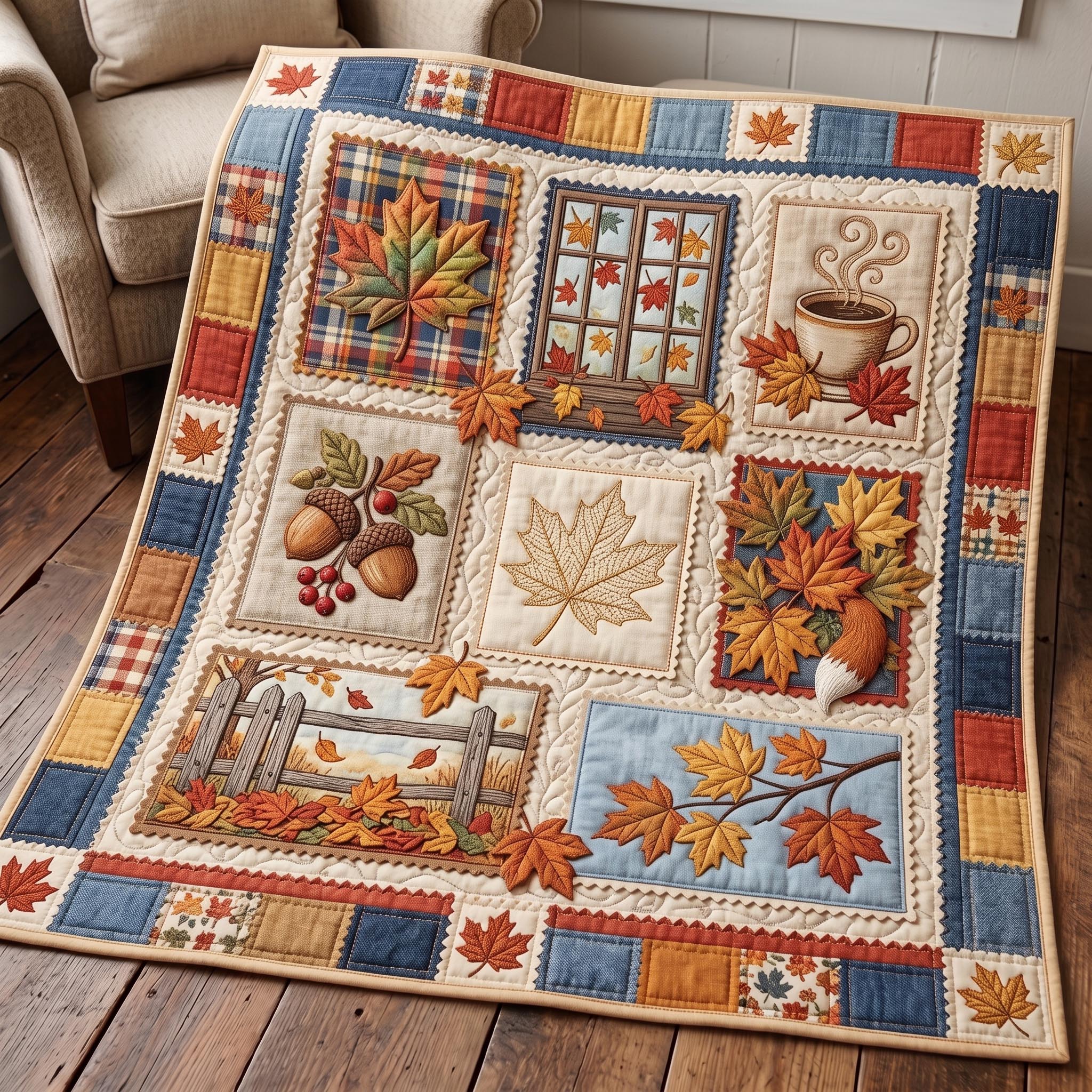 Maple Cottage Quilted Blanket Autumn Leaves Fox Merch House Lover Gift