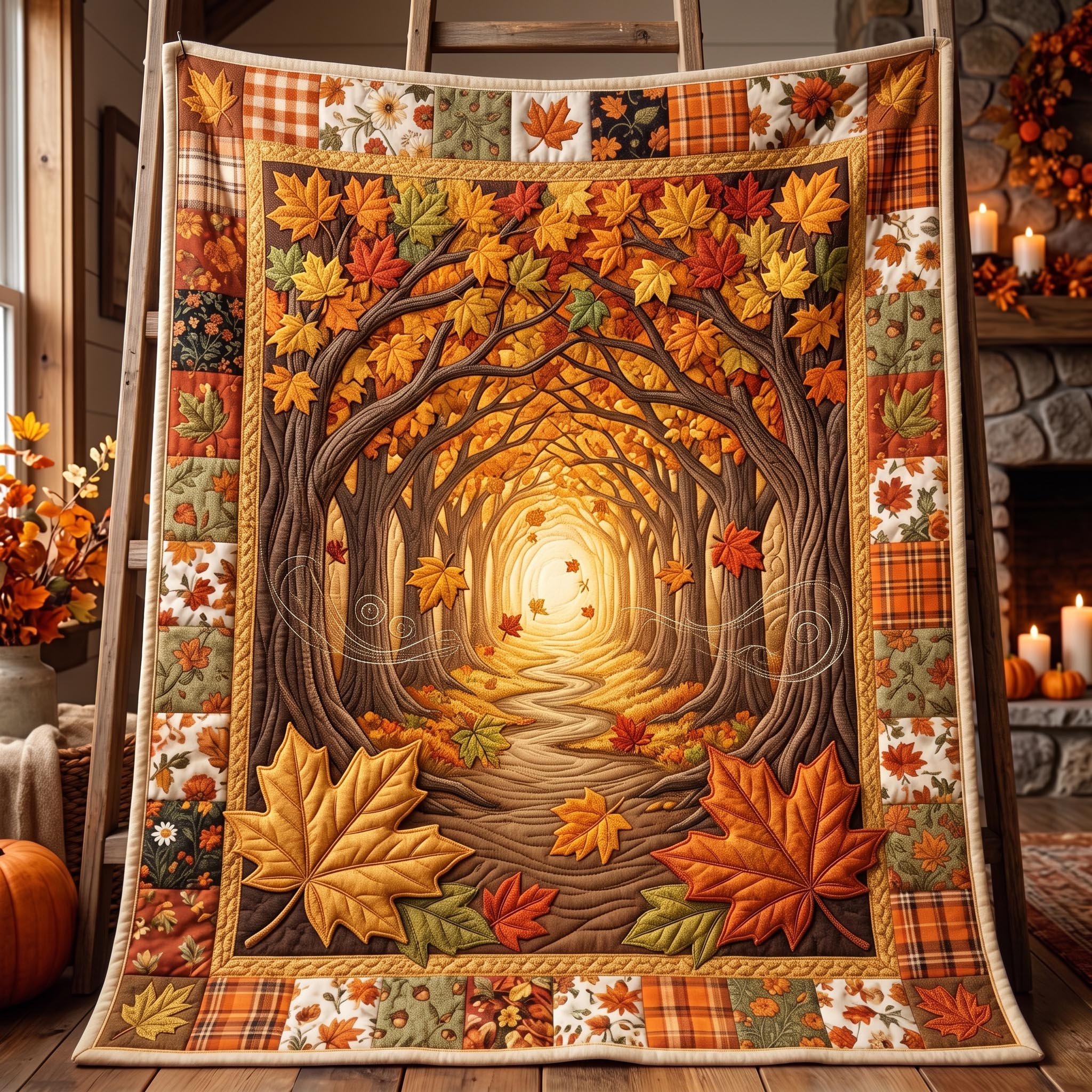 Maple Forest Quilted Blanket Autumn Forest Path Merch Gift For Living Room