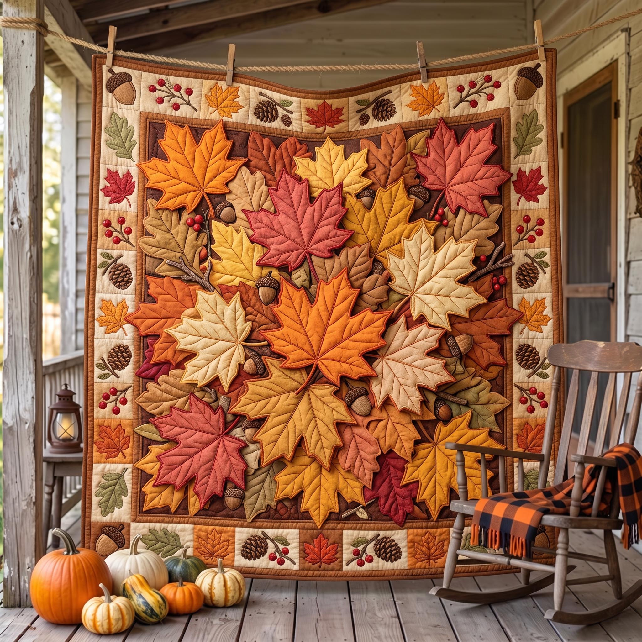 Maple Harvest Quilted Blanket Autumn Leaves Acorns Merch Thoughtful Homeowner Gifts
