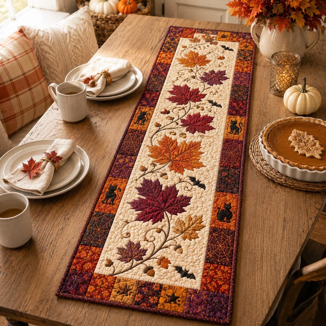 Maple Leaf Fall Quilt Table Runner Autumn Leaves Rustic Decor Merch Gift For Her