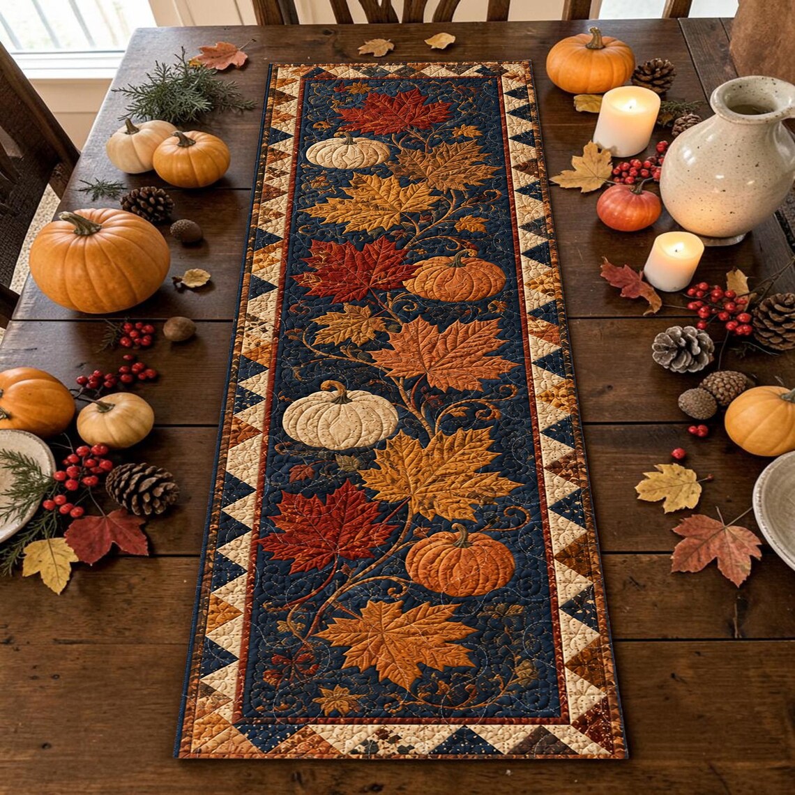 Maple Leaves Pumpkins Quilted Table Runner Patchwork Gorgeous Autumn Kitchen Merch Fall Gift