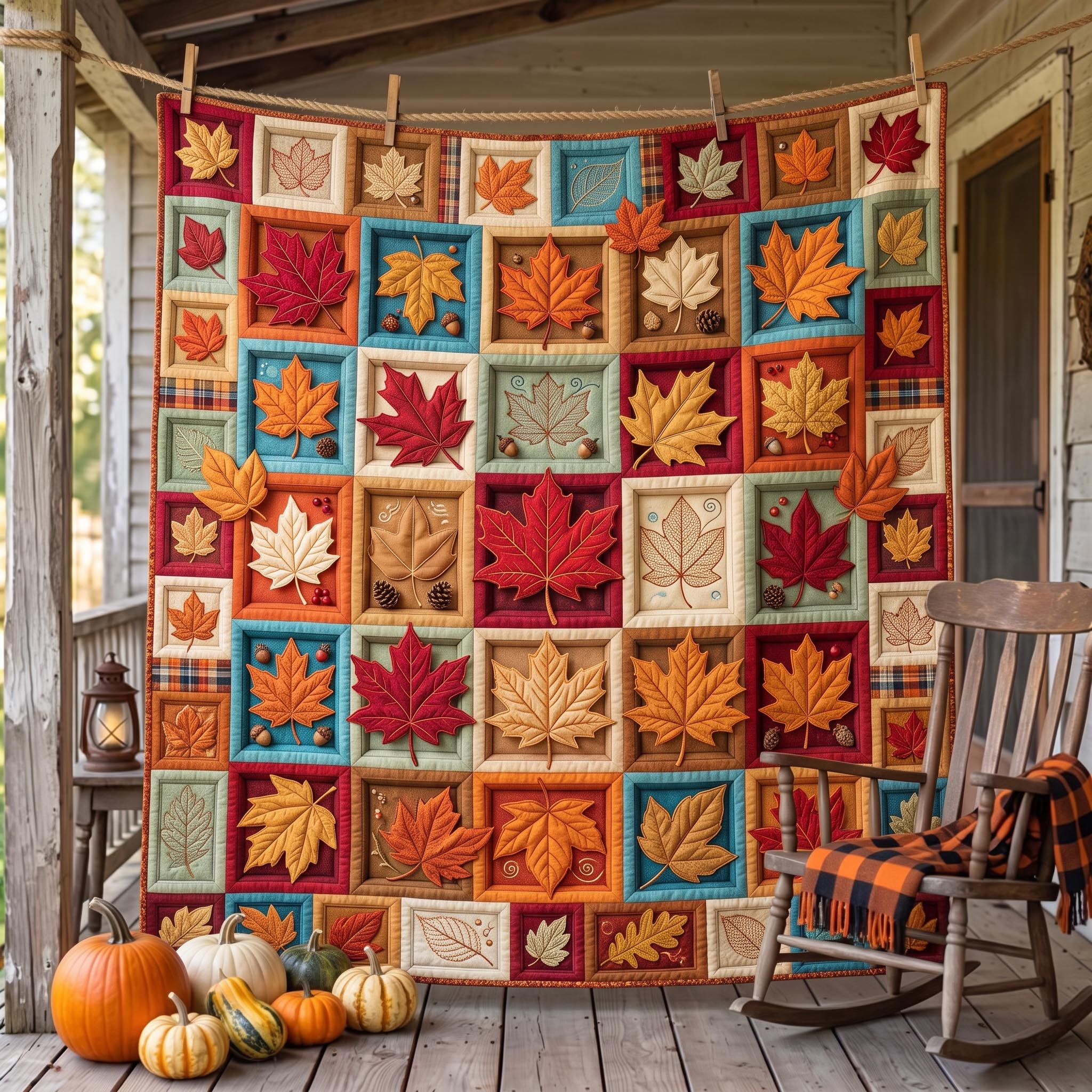 Maple Mosaic Quilted Blanket Autumn Leaf Patchwork Merch Cozy Gift