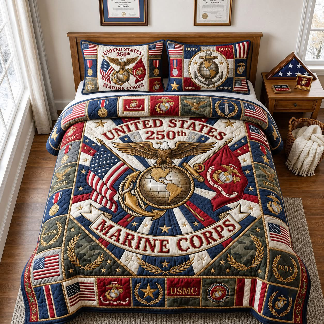 Marine Corps USMC 250Th Quilted Bedding Set American Pride Military BEd Decor Veteran Gift
