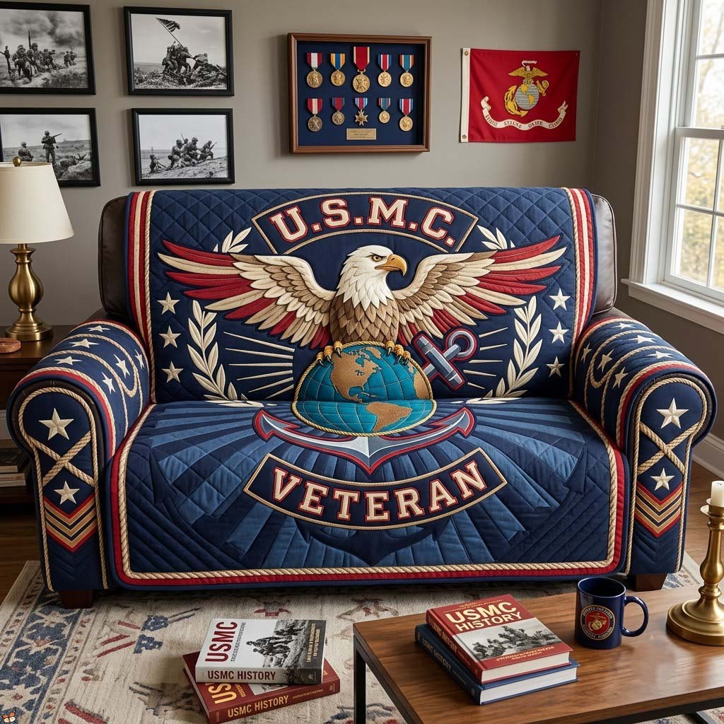 Marine Honor Crest Quilted Sofa Cover Marine Valor Couch Cover Home Gift For Her