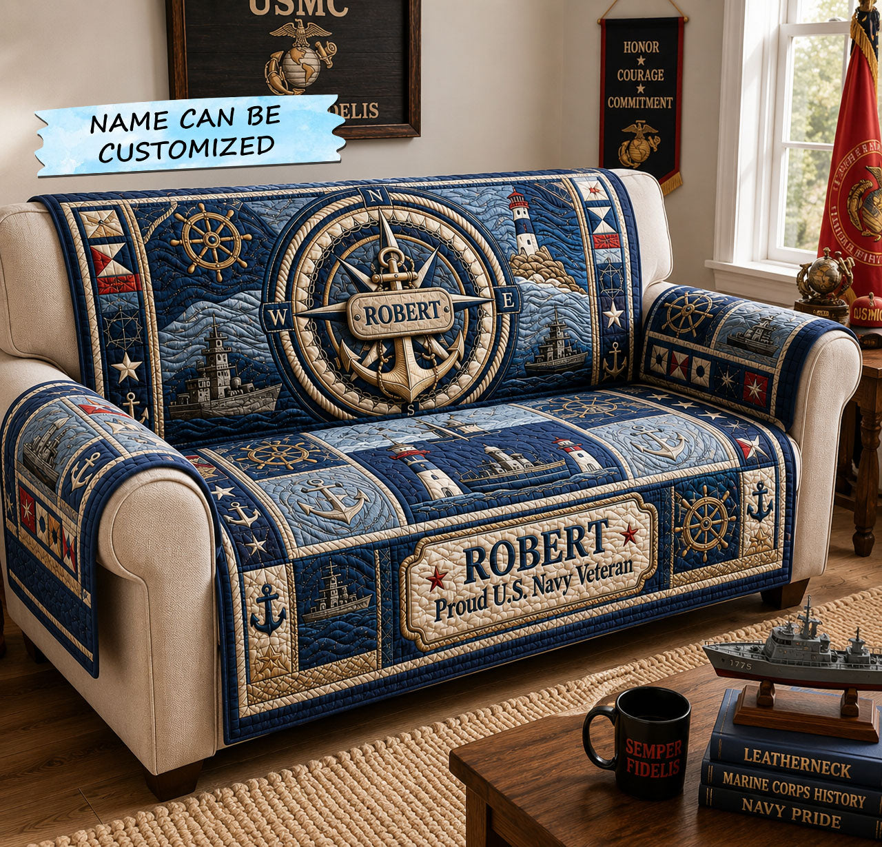 Mariner Compass Legacy Quilted Sofa Cover Marine Pride Couch Cover Trendy Room Decor Gifts