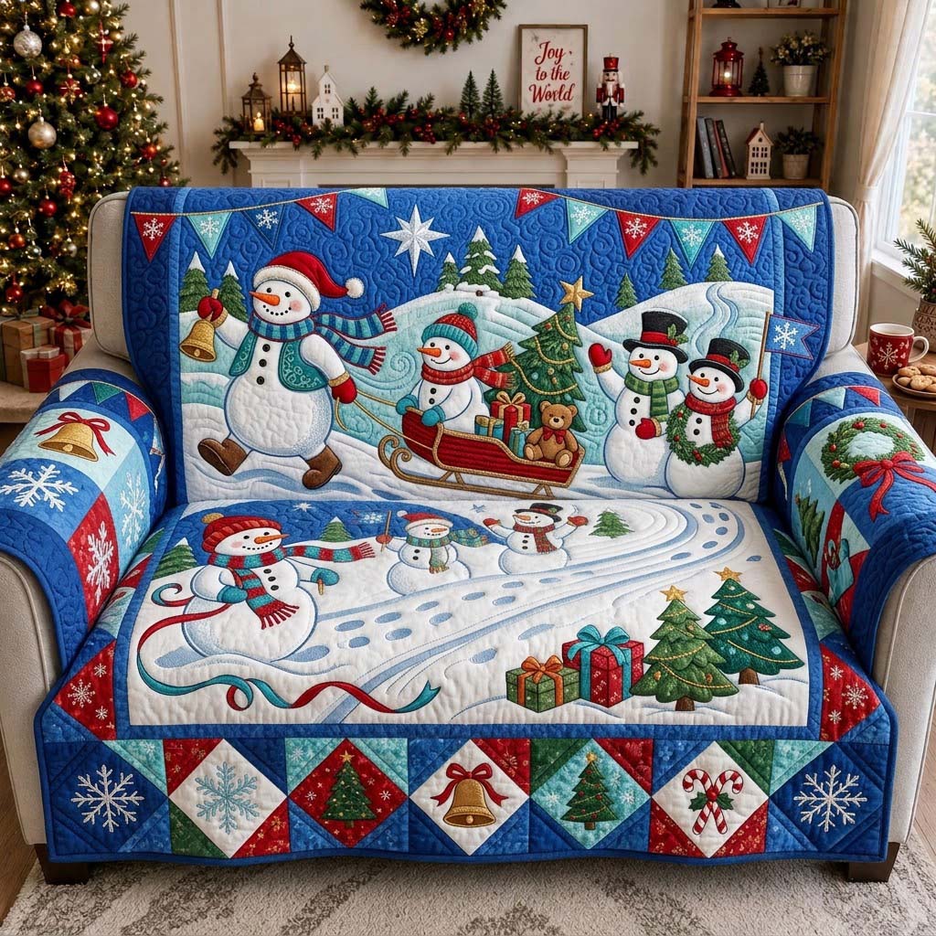 Merry Snowman Parade Quilted Sofa Cover Snowman Village Couch Cover Unique Home Decor Gifts