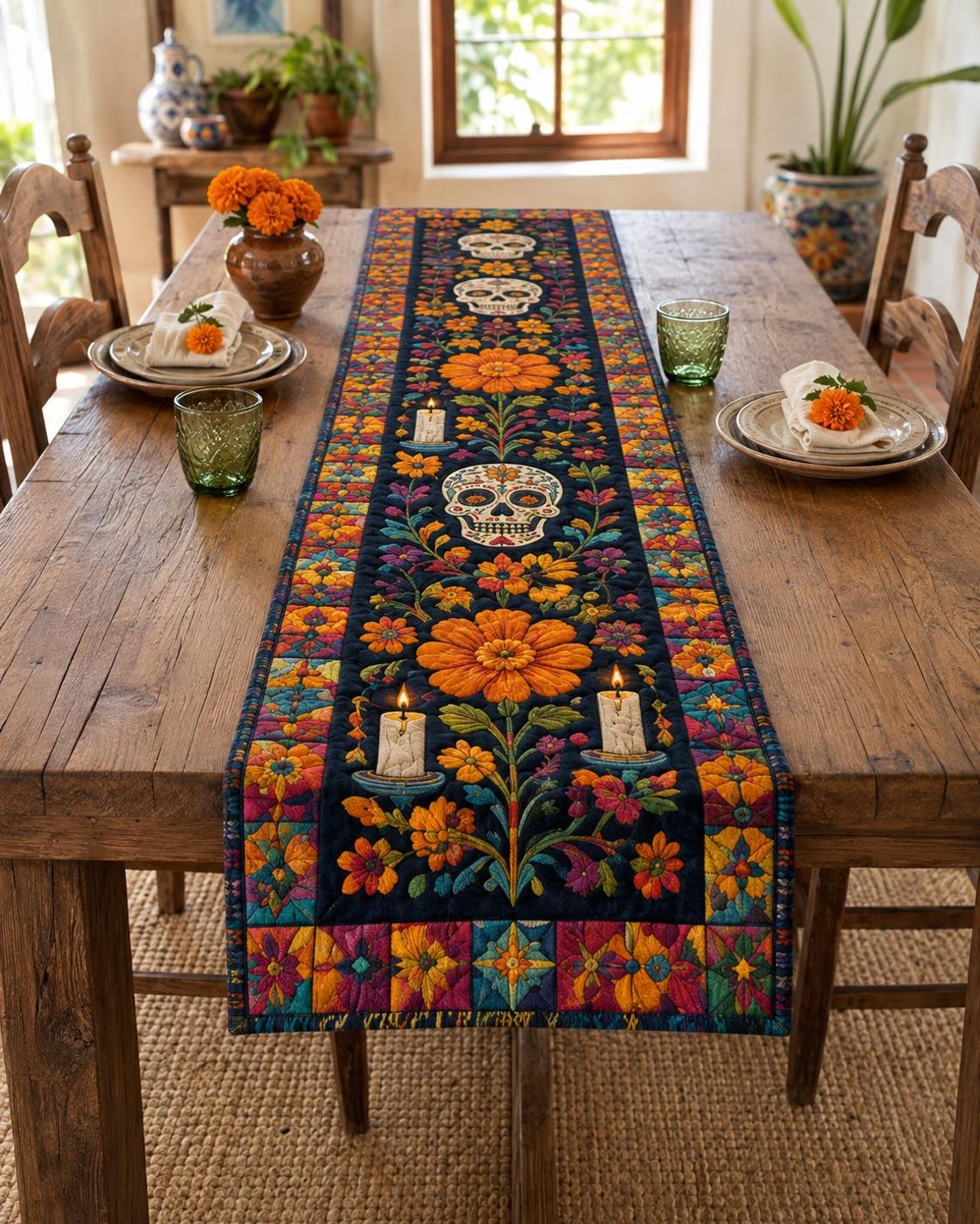 Mexican Colorful Quilt Table Runner Folk Art Floral Hacienda Merch Gift For Friends