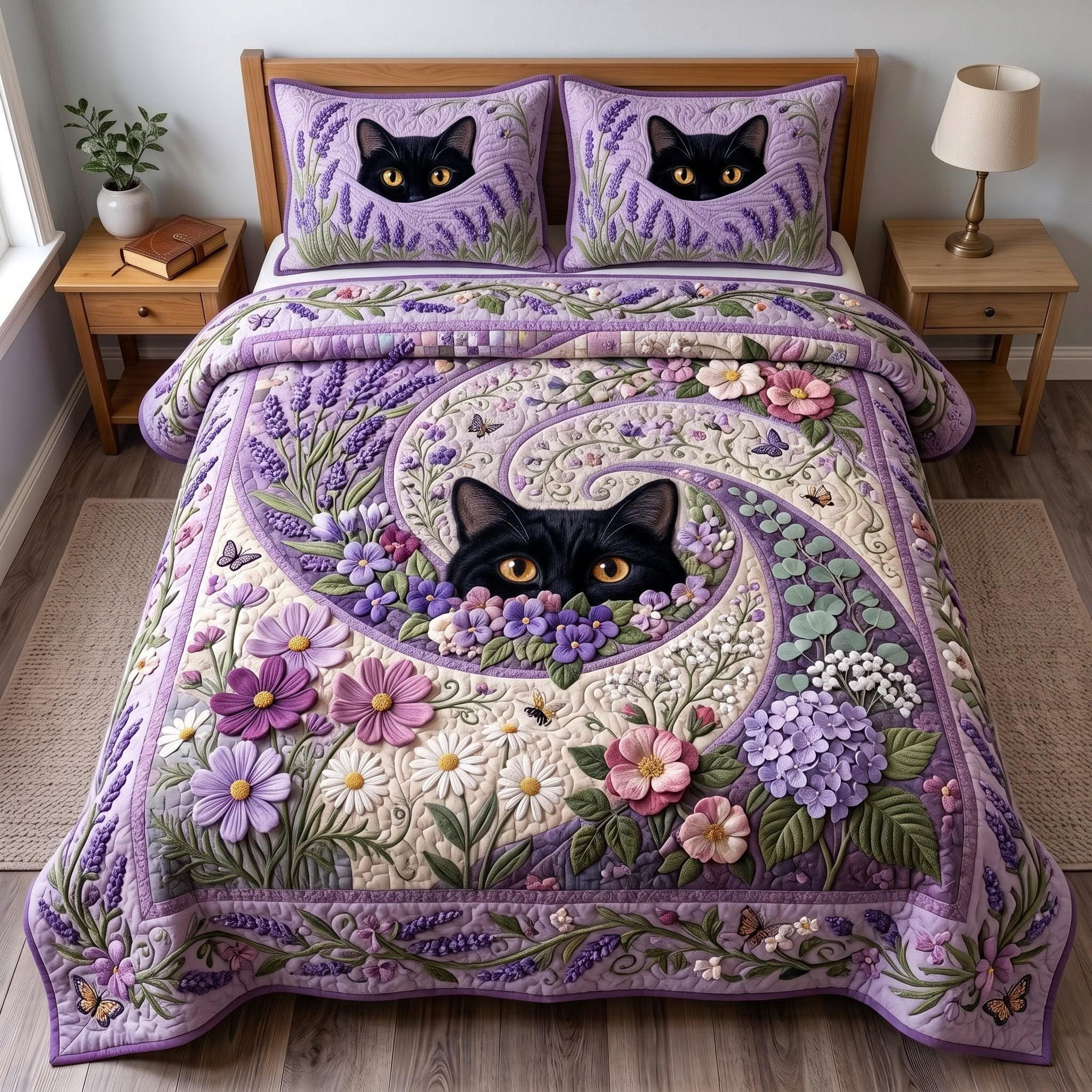 Midnight Cat Quilt Bedding Set Purple Lavender Floral Cat Lover Bedroom Decor Best Mom's Gift