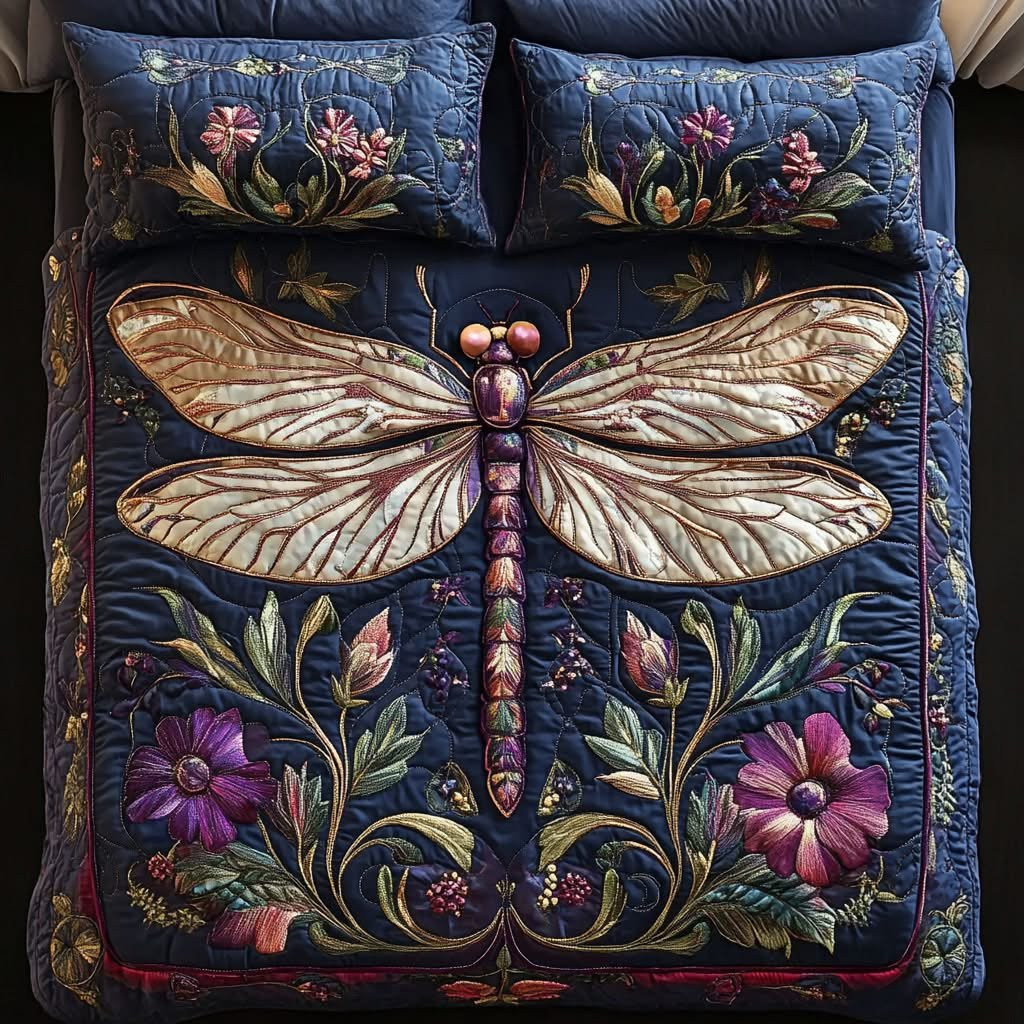 Midnight Dragonfly Elegance Quilt Bedding Set Dark Floral Botanical Bedroom DecorGift For Her