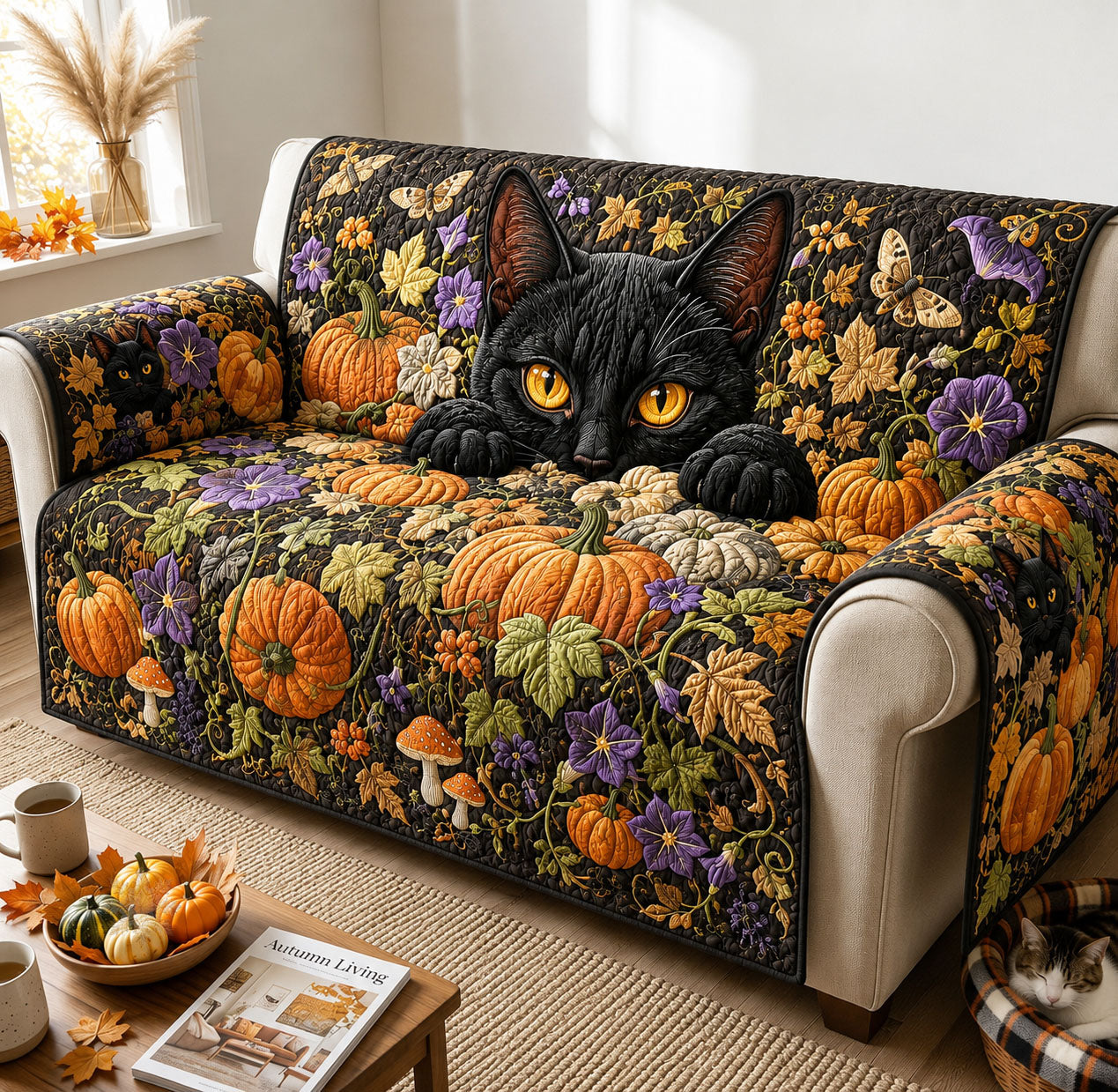Midnight Pumpkin Cat Watch Quilted Sofa Cover Pumpkin Magic Couch Cover Gift For New Homeowners
