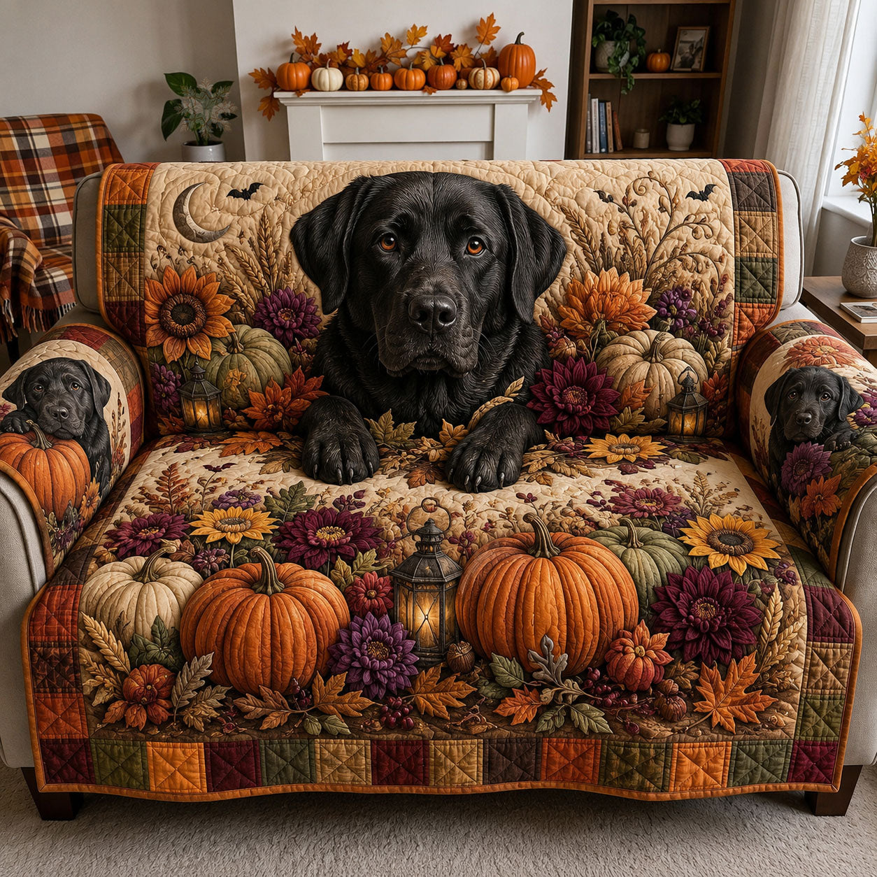 Midnight Pumpkin Labrador Quilted Sofa Cover Retriever Love Couch Cover Home Gift For Her