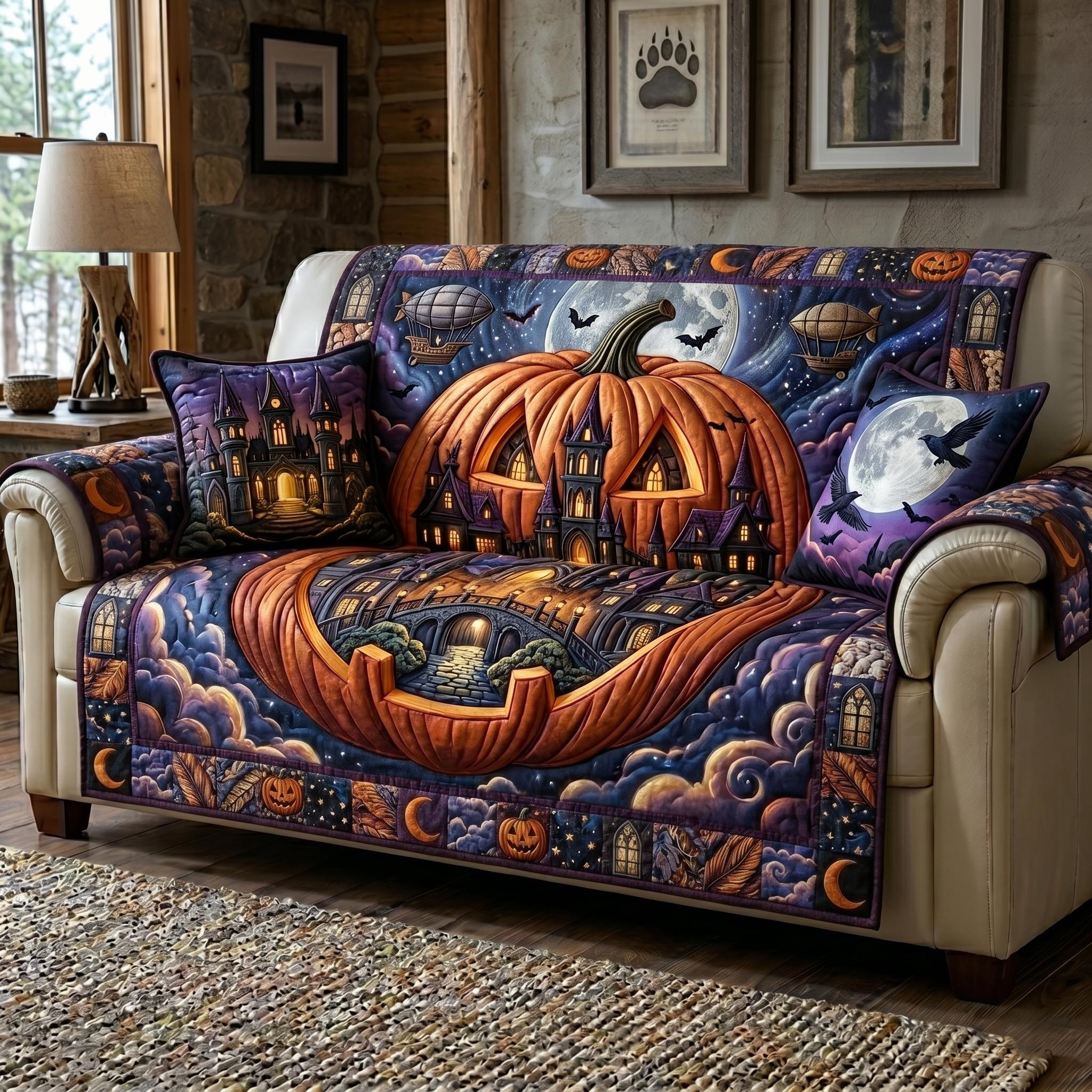 Midnight Pumpkin Quilted Sofa Cover Cozy Midnight Couch Cover Gifts For New Homes