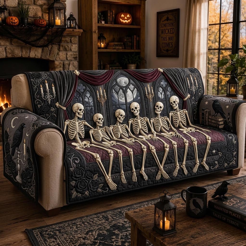 Midnight Skeleton Quilted Sofa Cover Skeleton Spirit Couch Cover Cozy Housewarming Gift Ideas