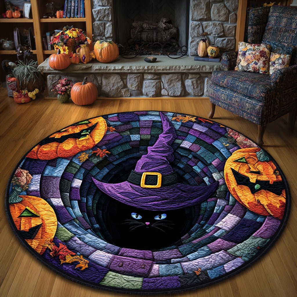 Midnight Witch Halloween Quilted Round Mat Halloween Black Cat Round Rug Halloween Gift Ideas