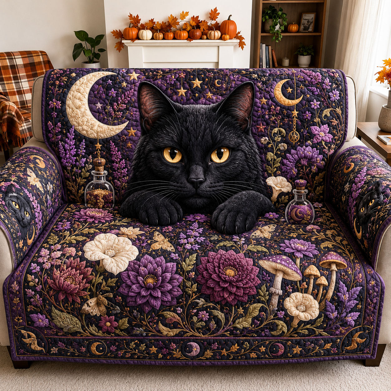 Moonlit Mystic Cat Garden Quilted Sofa Cover Harvest Moon Couch Cover Room Gift For Him