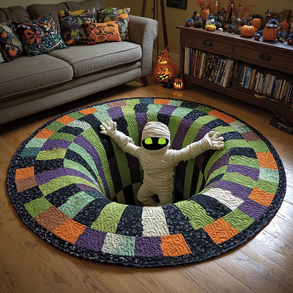 Mummy Hollow Whirl Halloween Spiral Quilted Round Mat Funny Circle Rug Floor Decorations
