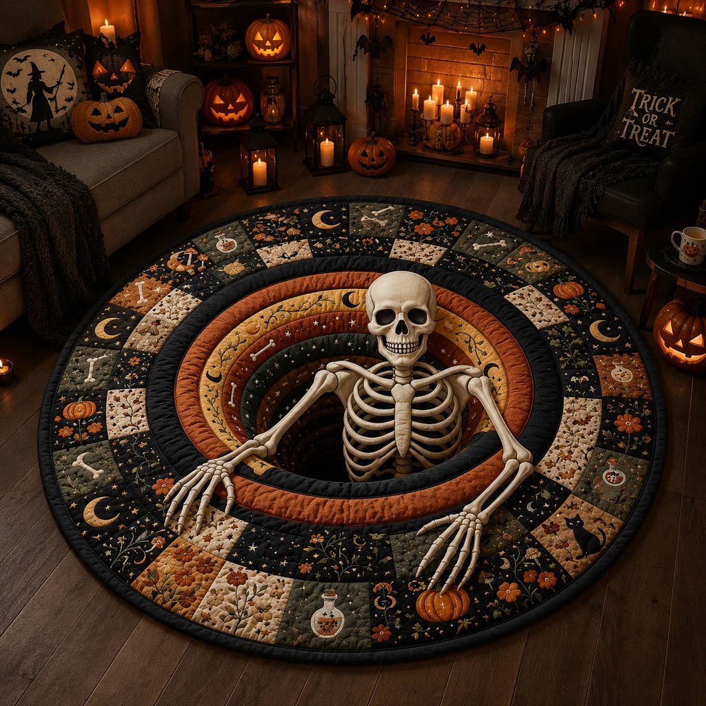 Mystic Skeleton Chasm Halloween Quilted Round Mat Skeleton Halloween Merch Halloween Home Lover