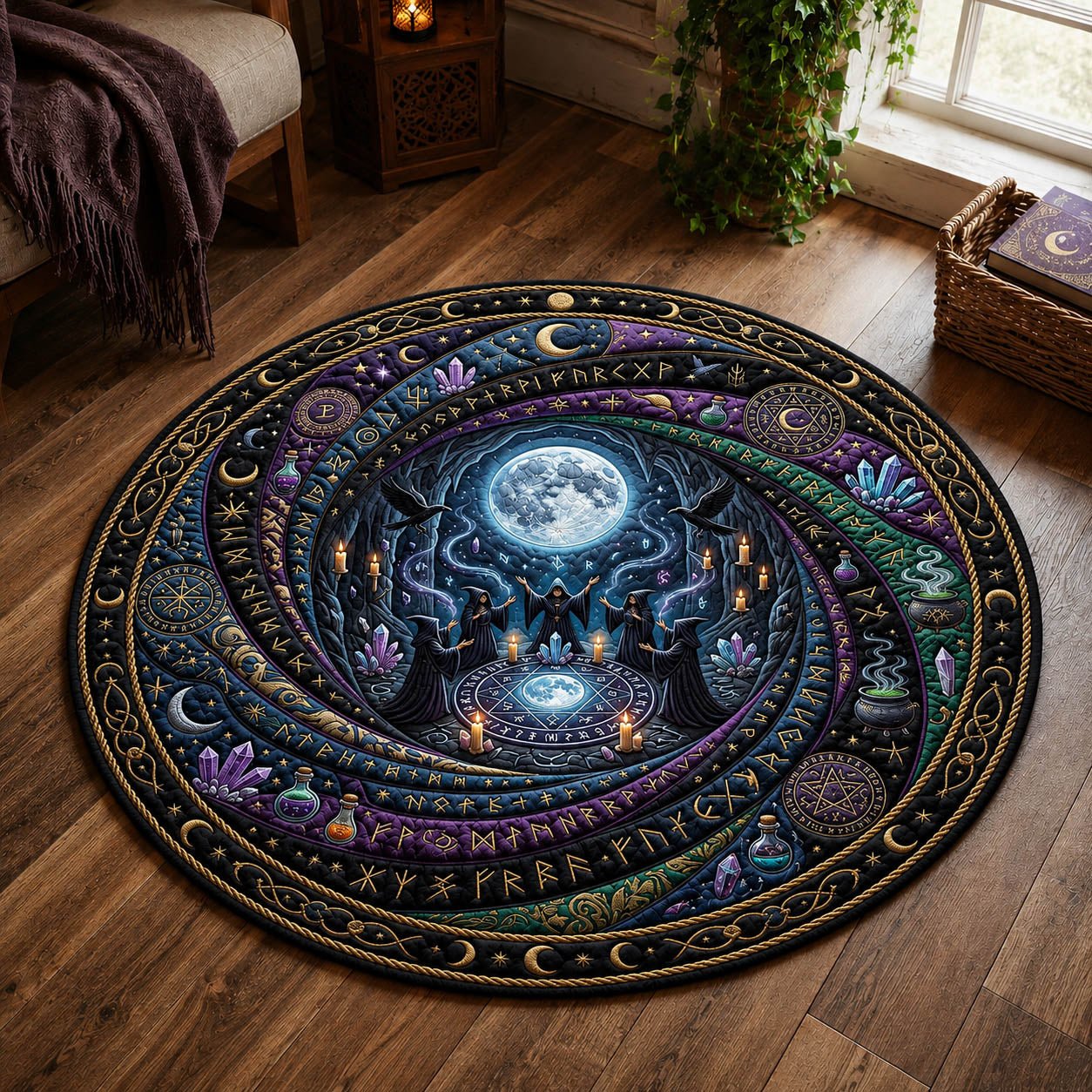 Mystical Witches Halloween Quilted Round Mat Moon Ritual Merch Cool Halloween Decor Gifts