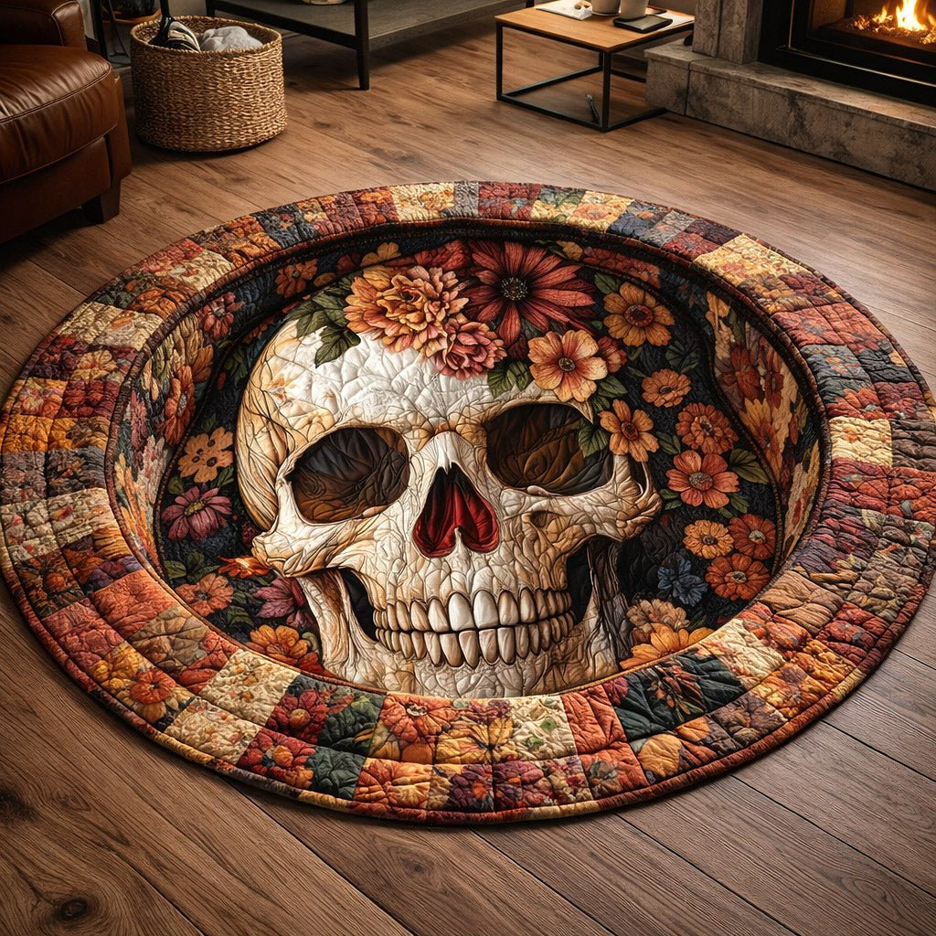 Mystique Skull Quilted Round Mat Skull Floral Patchwork Round Rug Halloween Room Lover Gifts