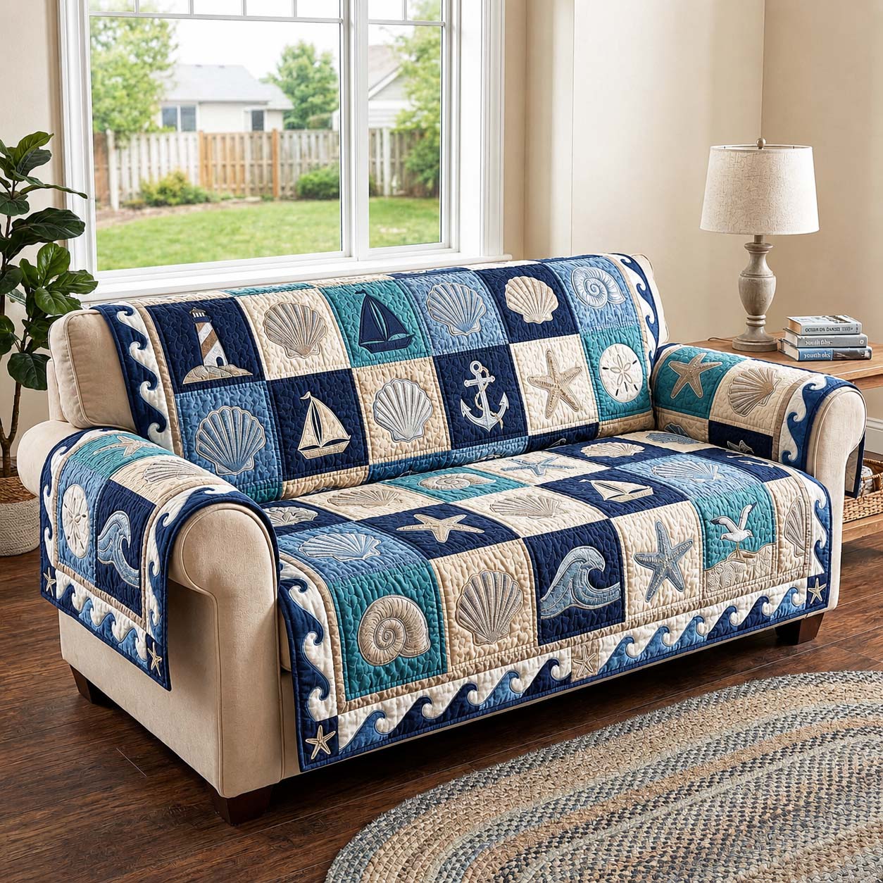 Nautical Waves Quilted Sofa Cover Cozy Nautical Couch Cover Home Gift For Her