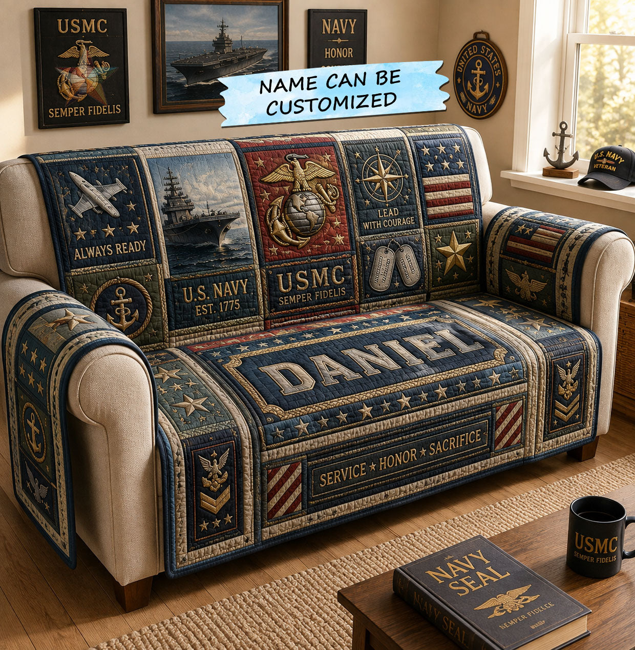 Navy Marines Service Honor Quilted Sofa Cover Navy Honor Couch Cover Cute Room Decor Gifts