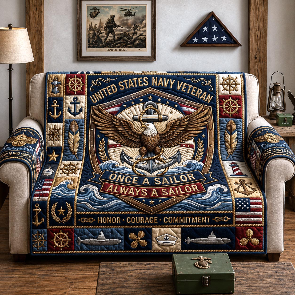 Navy Pride Quilted Sofa Cover Maritime Honor Couch Cover House Lover Gift