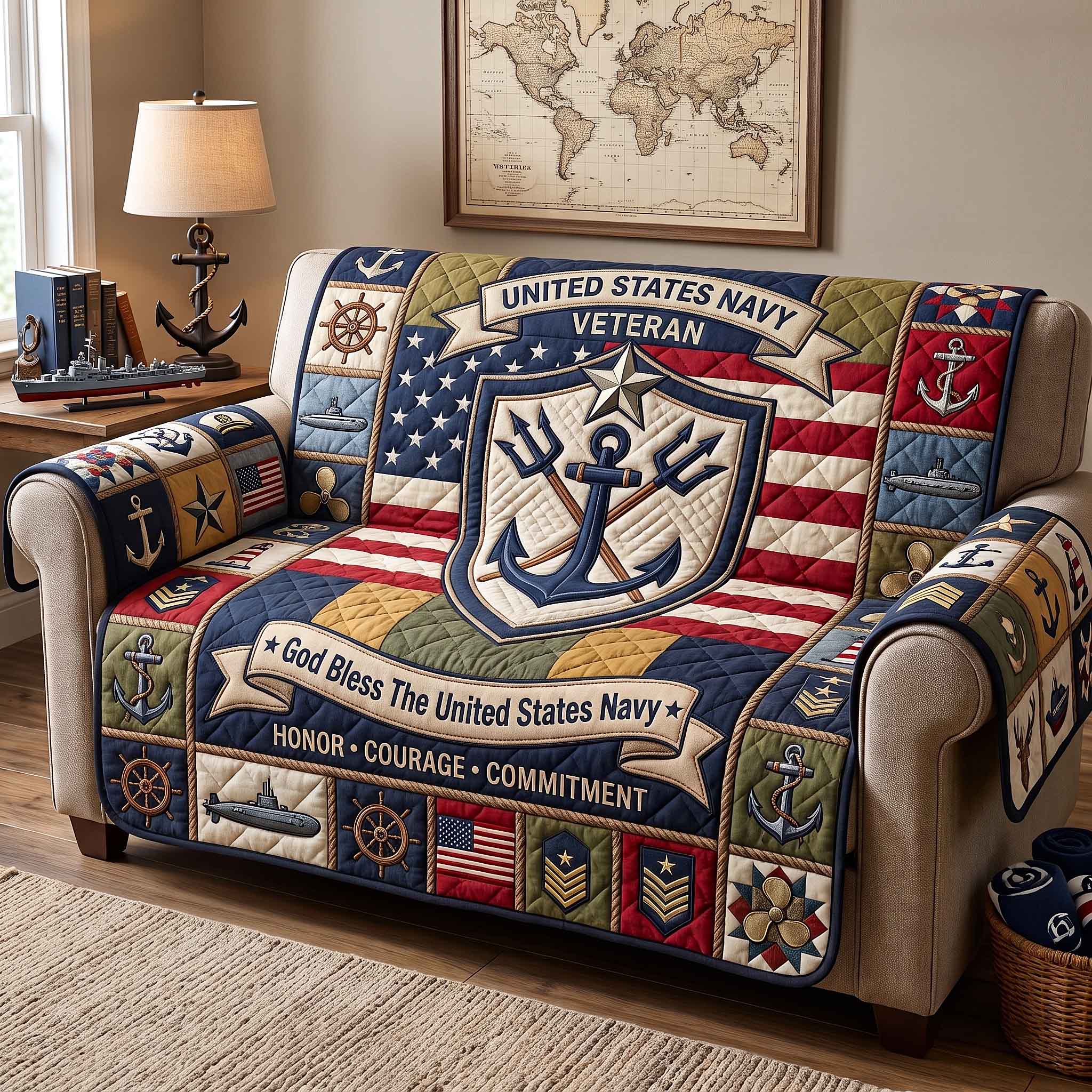 Navy Pride Quilted Sofa Cover Navy Duty Couch Cover Unique Housewarming Gift Ideas
