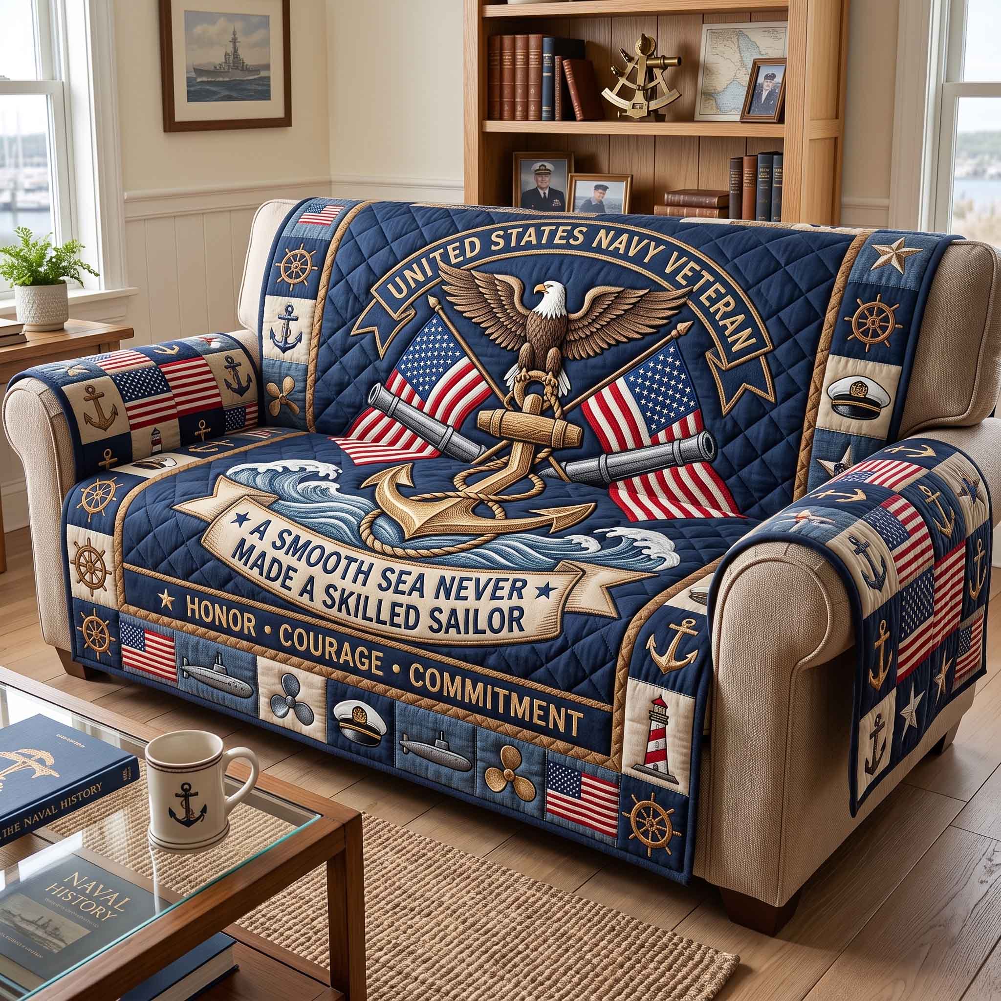 Navy Pride Quilted Sofa Cover Navy Heritage Couch Cover Cozy Housewarming Gift Ideas